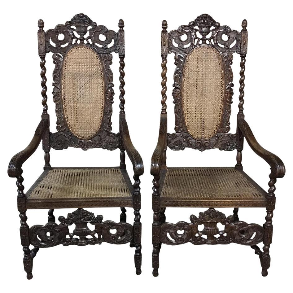 Pair 19th Century Grand Renaissance Hand Carved Oak & Caned Armchairs For Sale