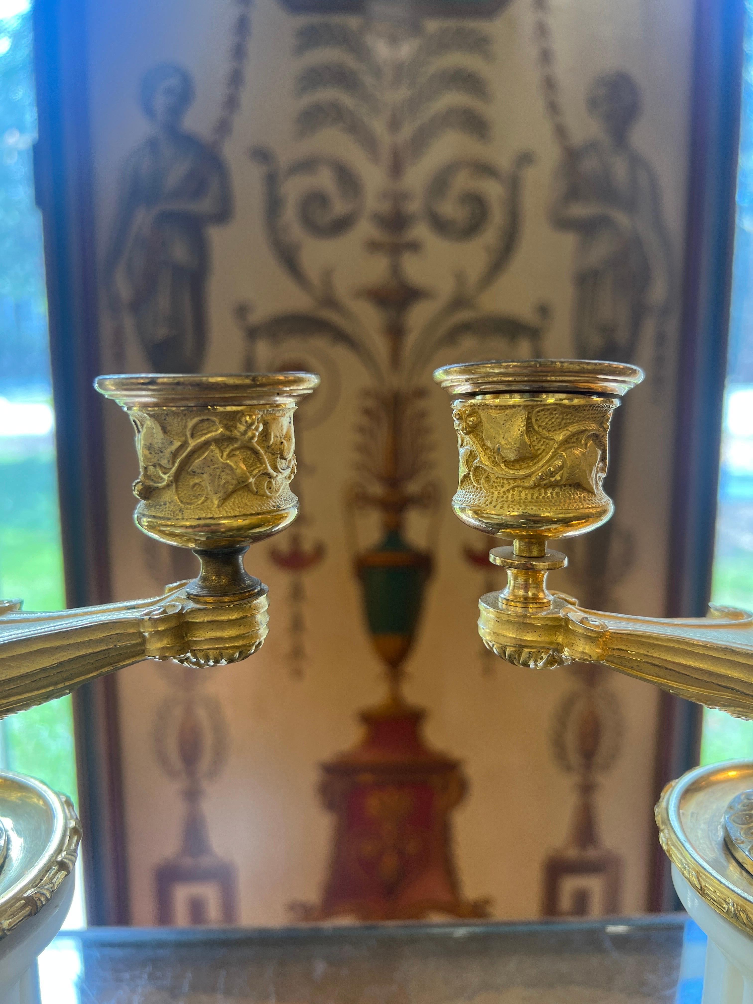 Pair, 19th Century Grand Tour Gilt Bronze & White Marble Candelabras In Good Condition For Sale In Atlanta, GA