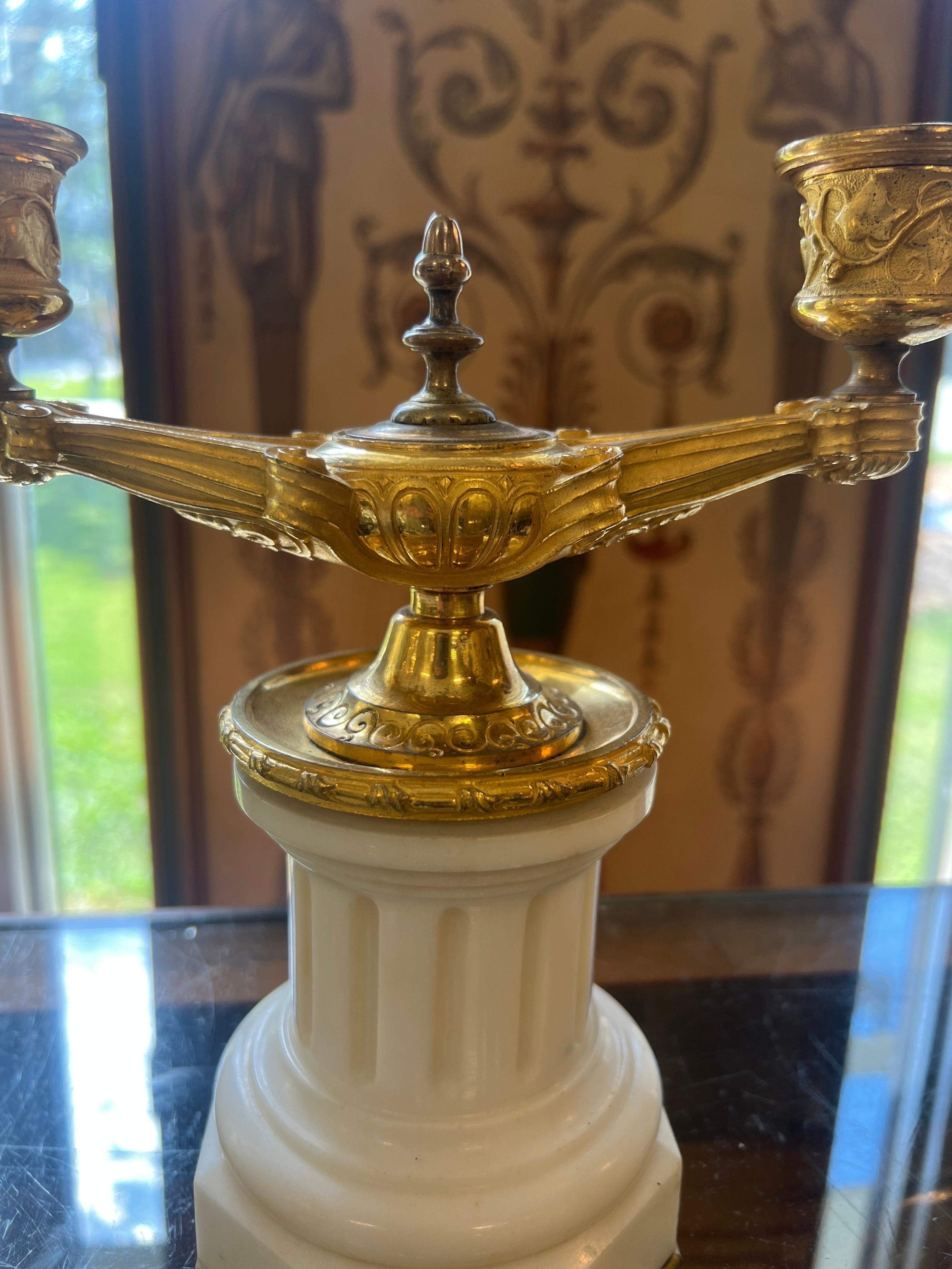 Pair, 19th Century Grand Tour Gilt Bronze & White Marble Candelabras For Sale 1