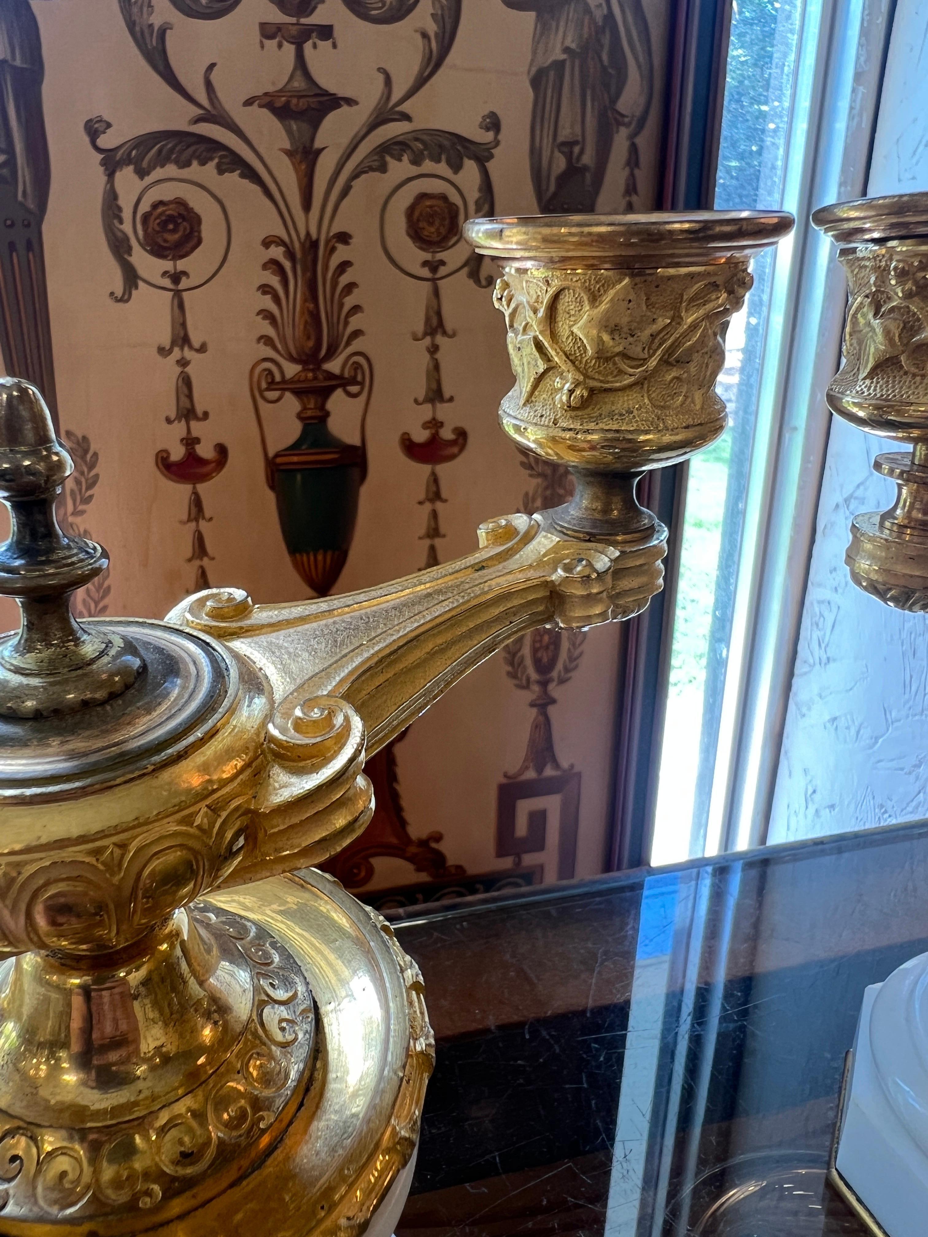 Pair, 19th Century Grand Tour Gilt Bronze & White Marble Candelabras For Sale 2