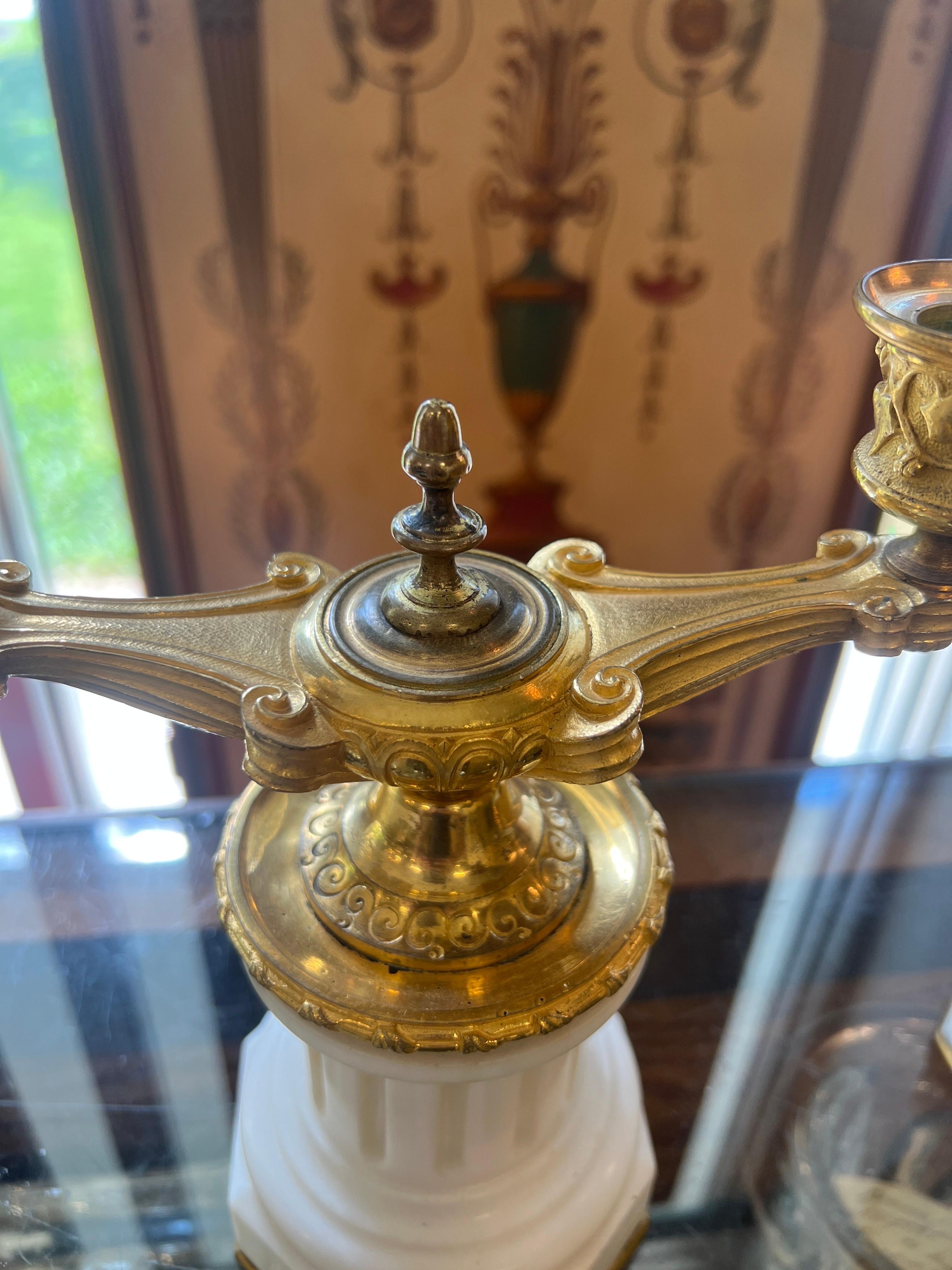 Pair, 19th Century Grand Tour Gilt Bronze & White Marble Candelabras For Sale 4