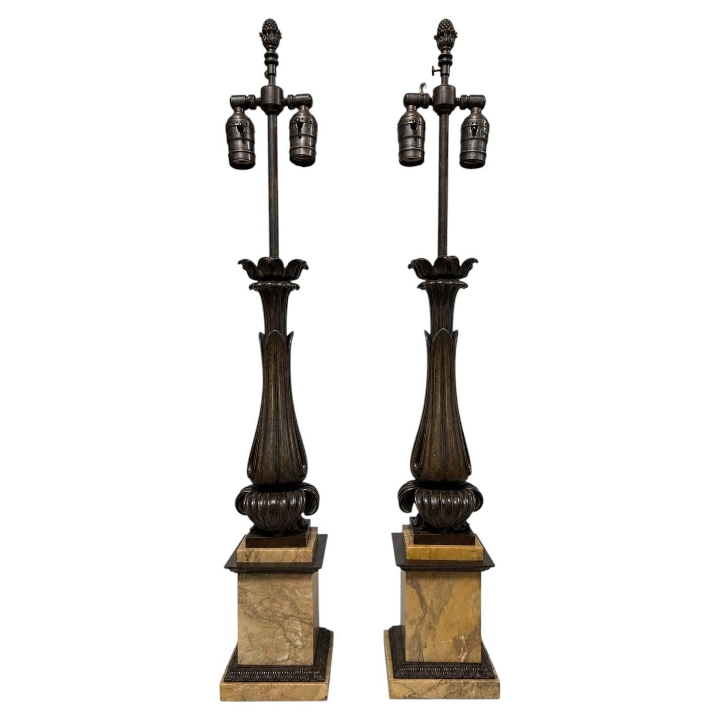 Pair, 19th Century Grand Tour–Style Neoclassical Bronze and Siena Marble Lamps