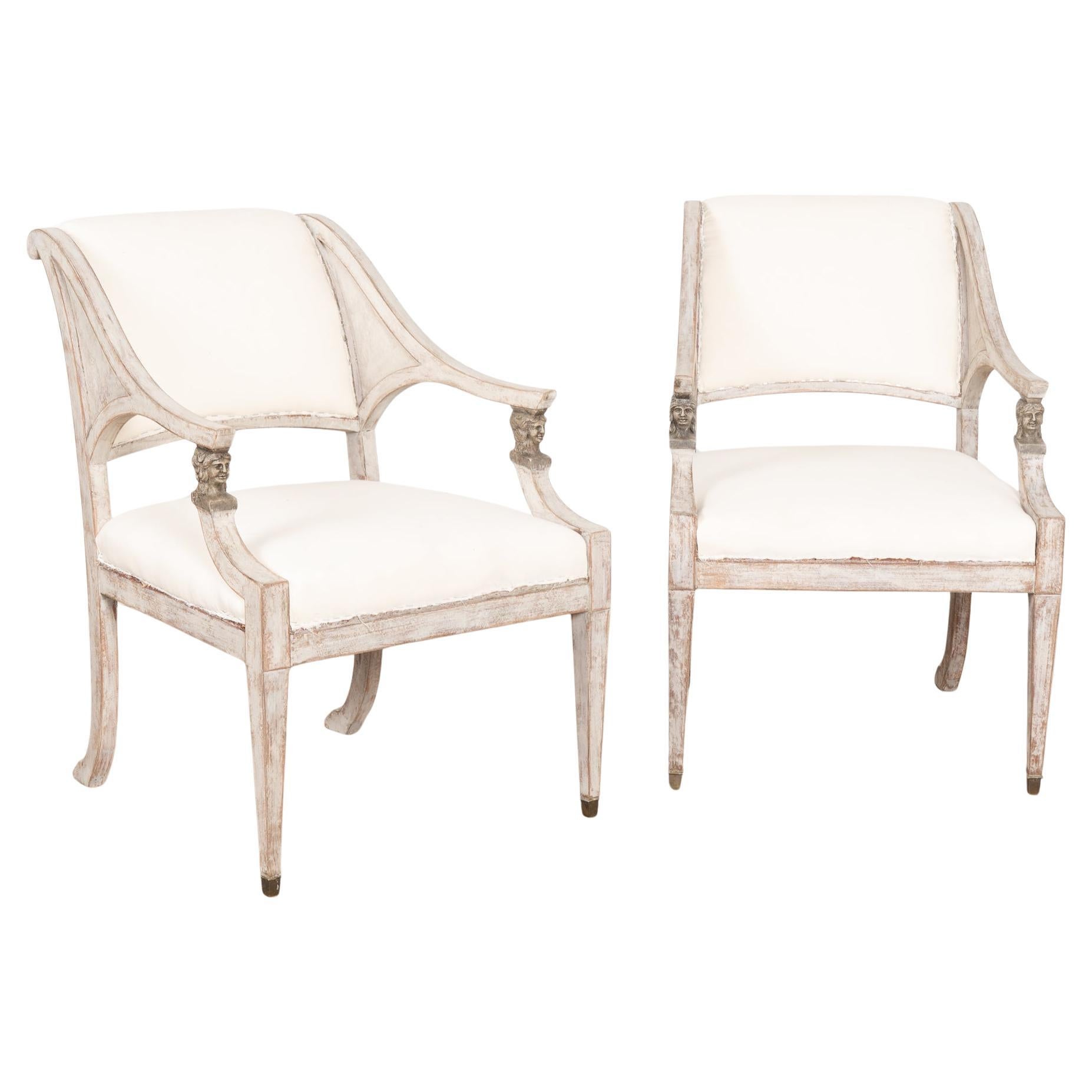 Pair, 19th Century Gray Swedish Gustavian Pair of Armchairs