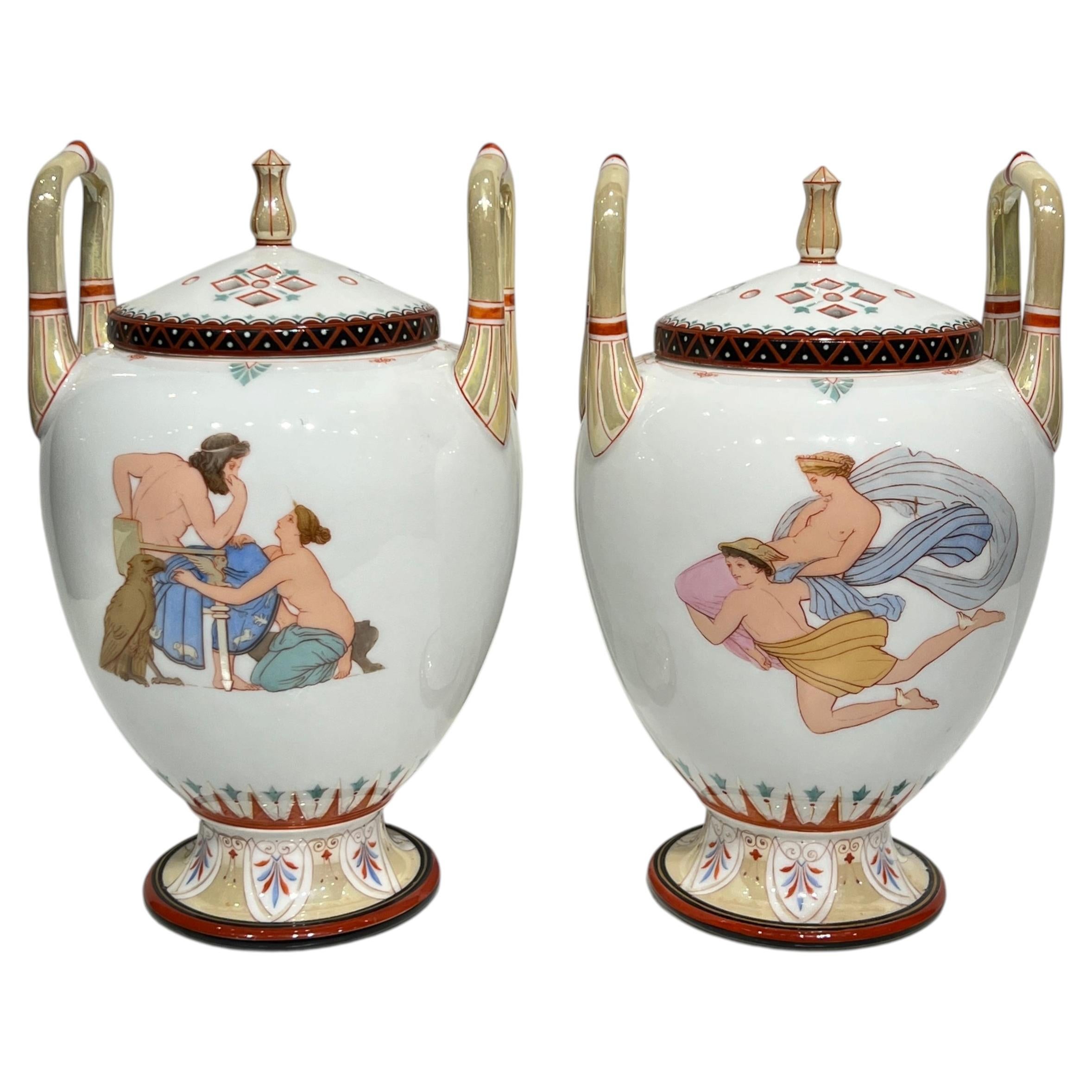 Pair 19th Century Greek Revival Paris Porcelain Potpourri Jars / Vases For Sale