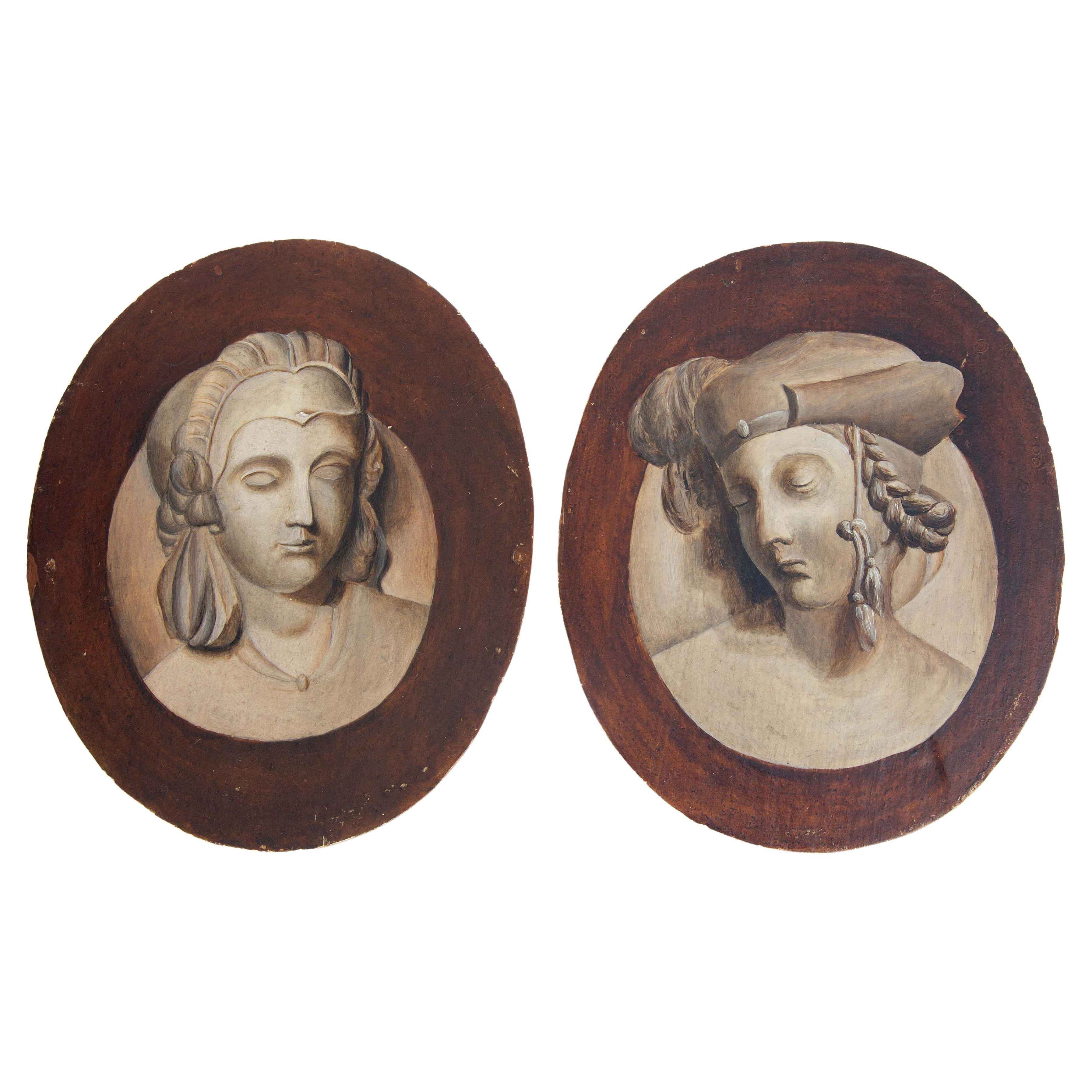 Pair 19th Century Grisaille Portrait Paintings on Wood Panels