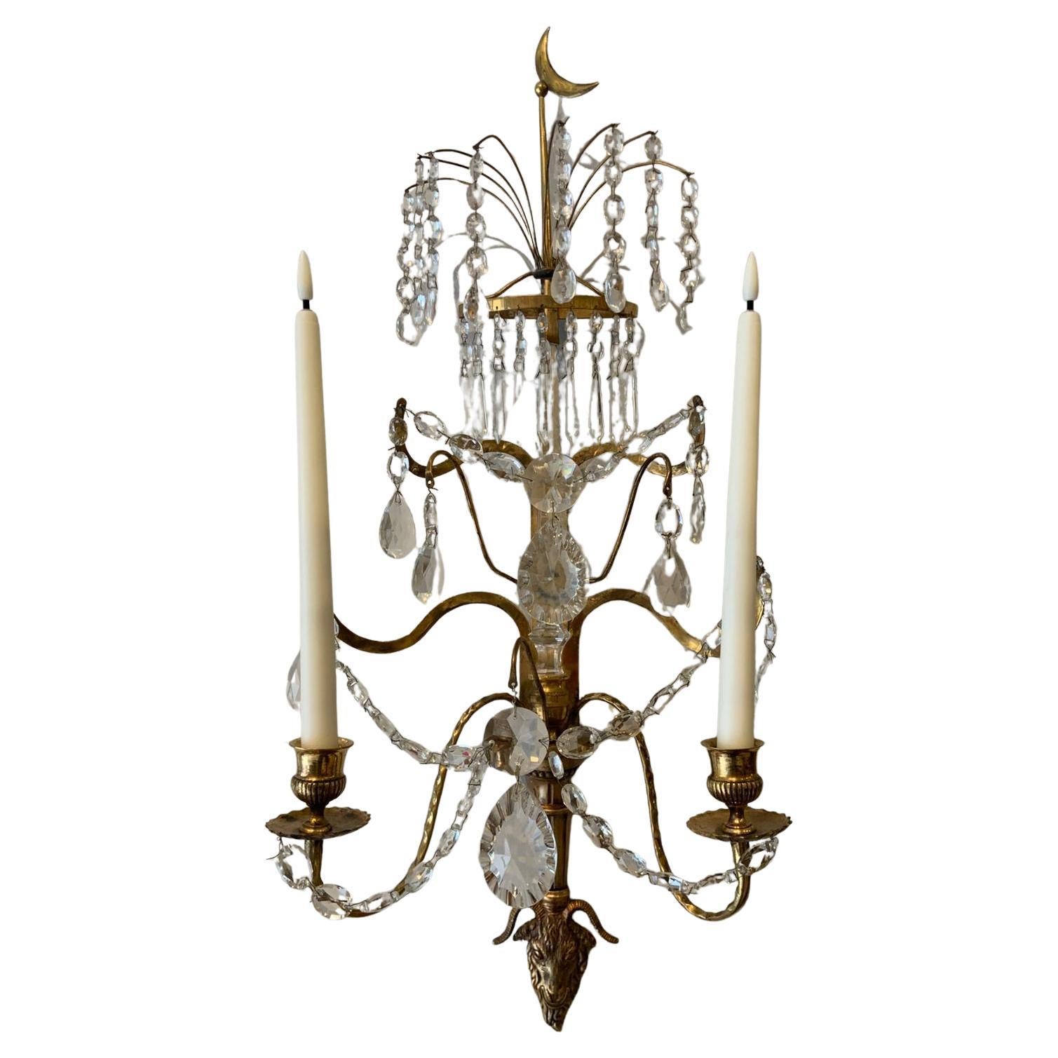 Pair 19th Century Gustavian Wall Chandeliers in Crystal and Brass, Sweden, 1840