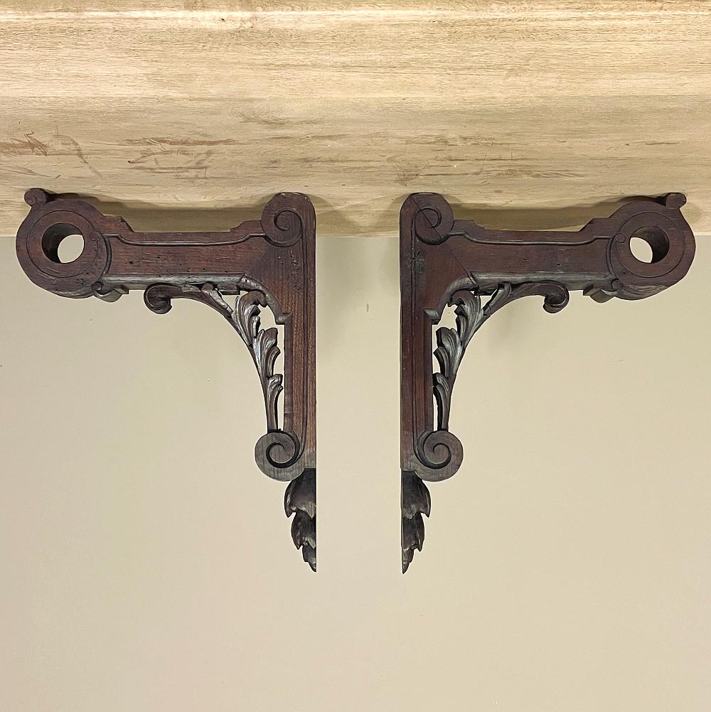 Pair 19th century hand-carved Corbels ~ Drapery Rod Holders are ideal to use as corbels flanking a cased opening, or framing a window, with a rod between, creating plenty of space for sheers or other intermediary window covering. The design features