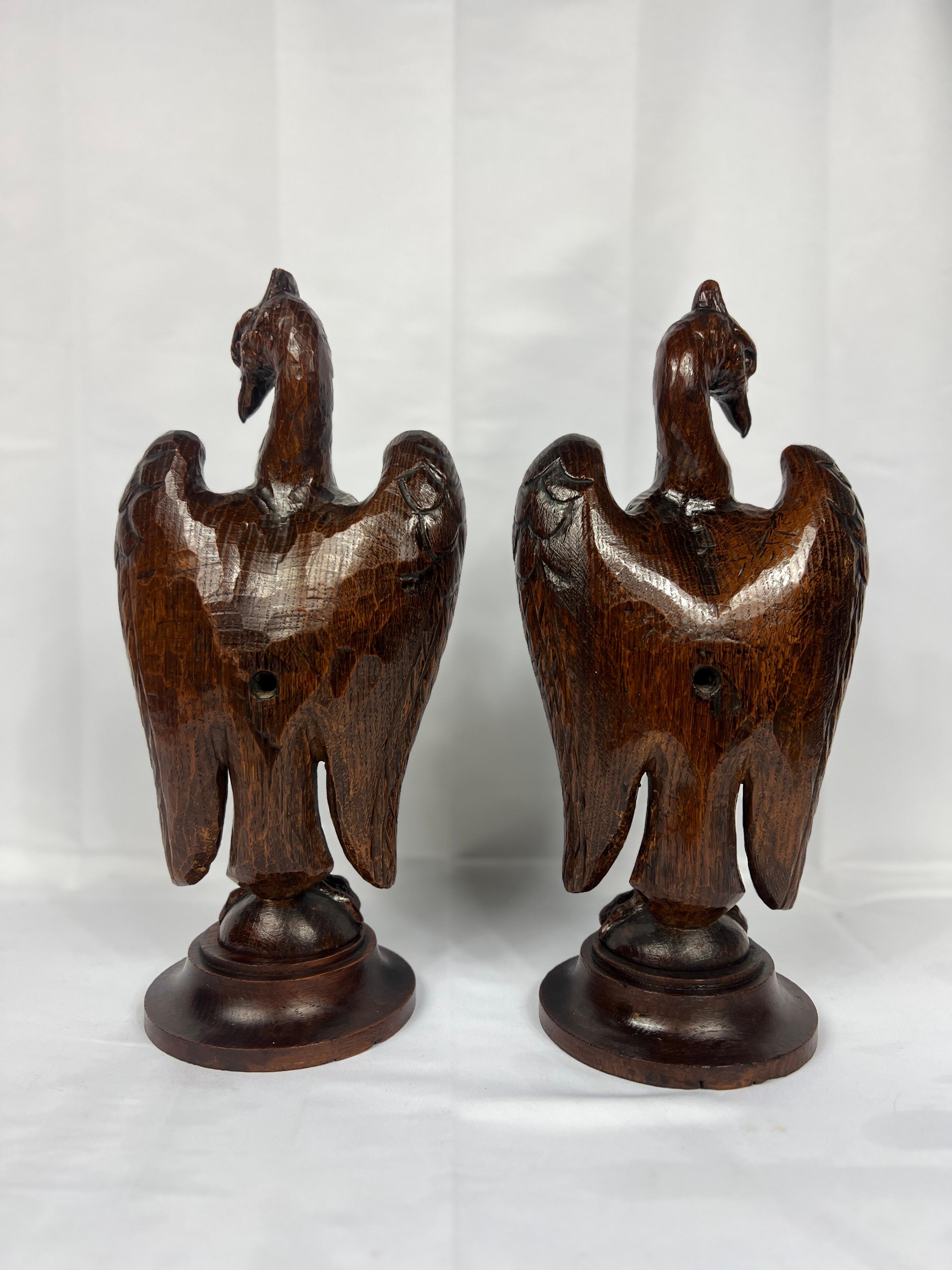 American Empire Pair, 19th Century Hand-Carved Wooden Newel Post Stylized Eagle Finials