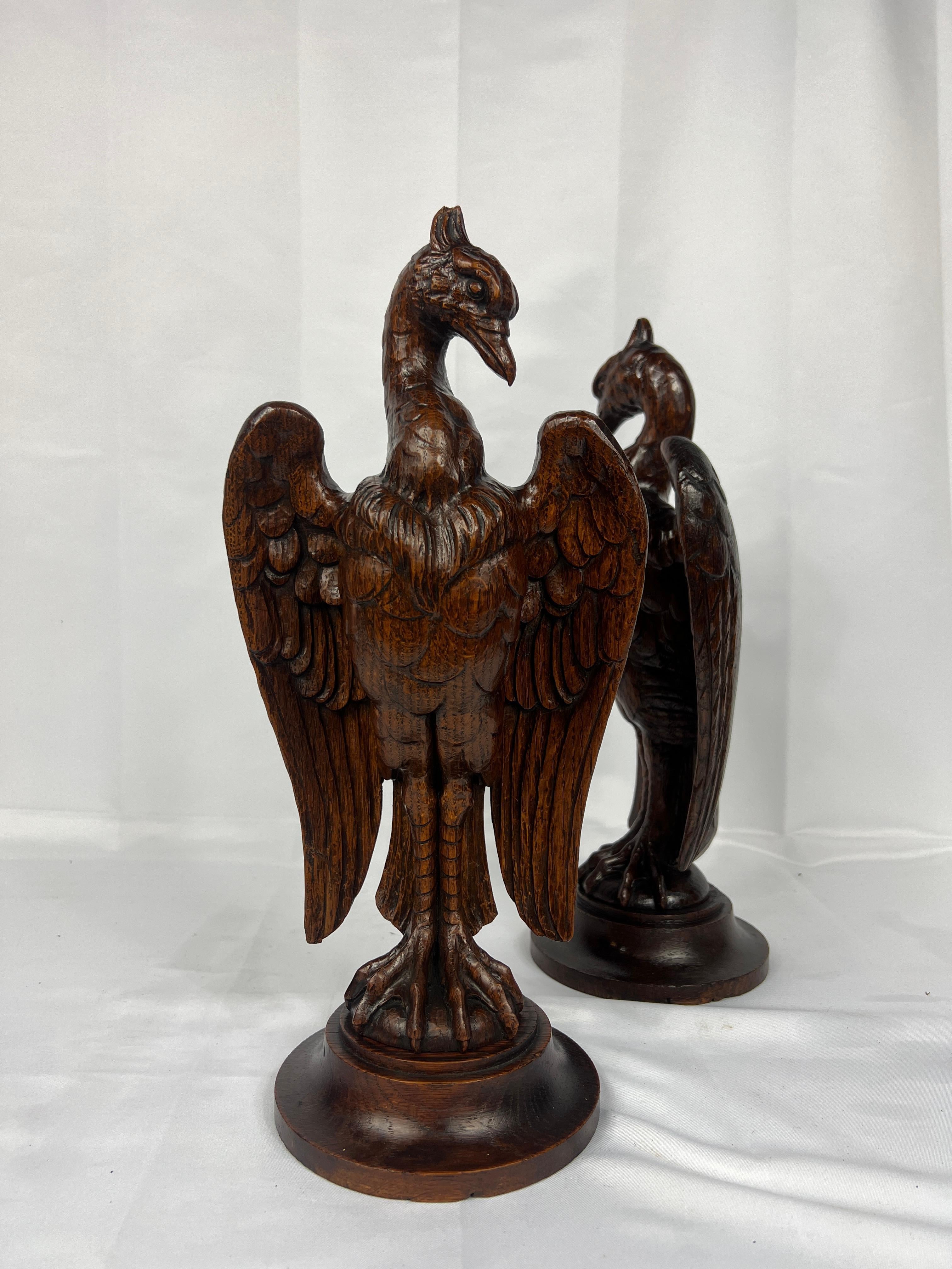 Oak Pair, 19th Century Hand-Carved Wooden Newel Post Stylized Eagle Finials