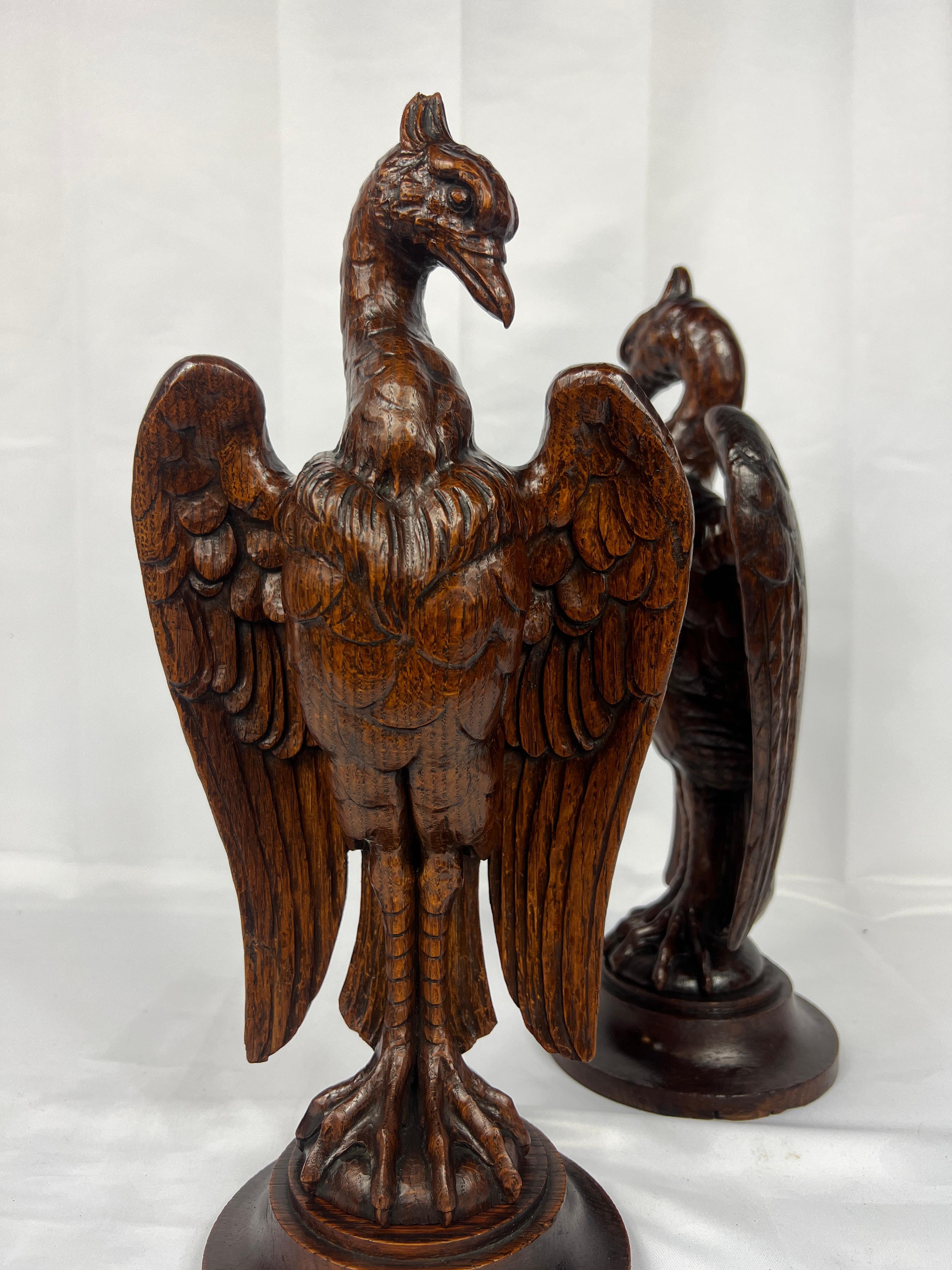 Pair, 19th Century Hand-Carved Wooden Newel Post Stylized Eagle Finials 1