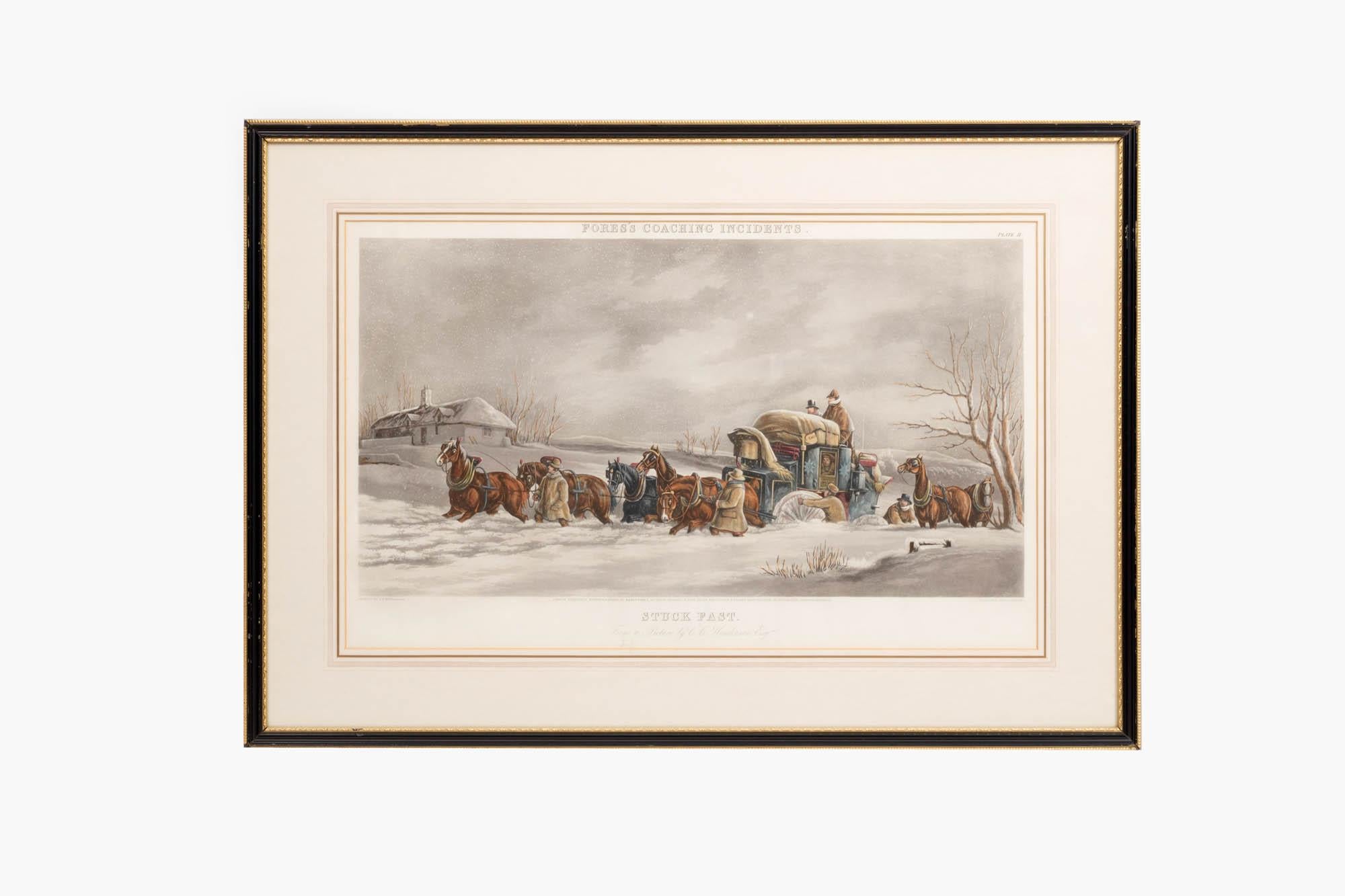 Pair 19th century hand-coloured aquatint etchings depicting scenes from the “Fores’s Coaching Incidents” series. Mounted behind glass in gilt and ebonized frames, this pair were painted by Charles Cooper Henderson, London, 1843. The engraving of