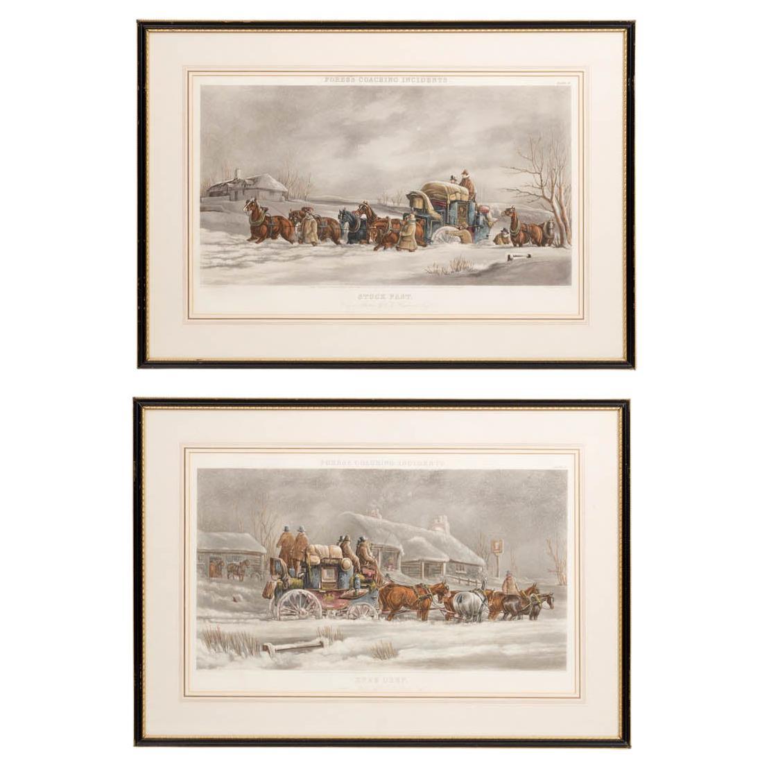 Paire de scènes du 19e siècle coloriées à la main, tirées des "Coaching Incidents" de Fores en vente