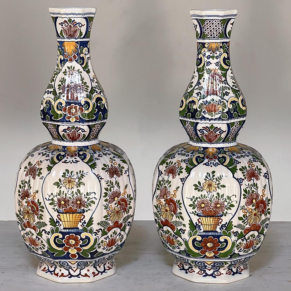 French Pair 19th Century Hand-Painted Flower Vases from Rouen For Sale