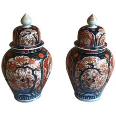 Pair of 19th Century Hand Painted Imari Lidded Vases