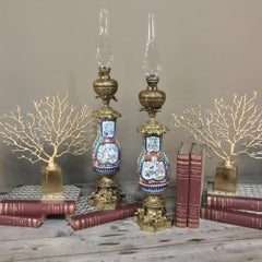 Pair of 19th Century Hand Painted Porcelain and Bronze Oil Lanterns