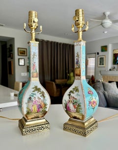 Pair 19th Century Helena Wolfsohn Dresden Porcelain Lamps