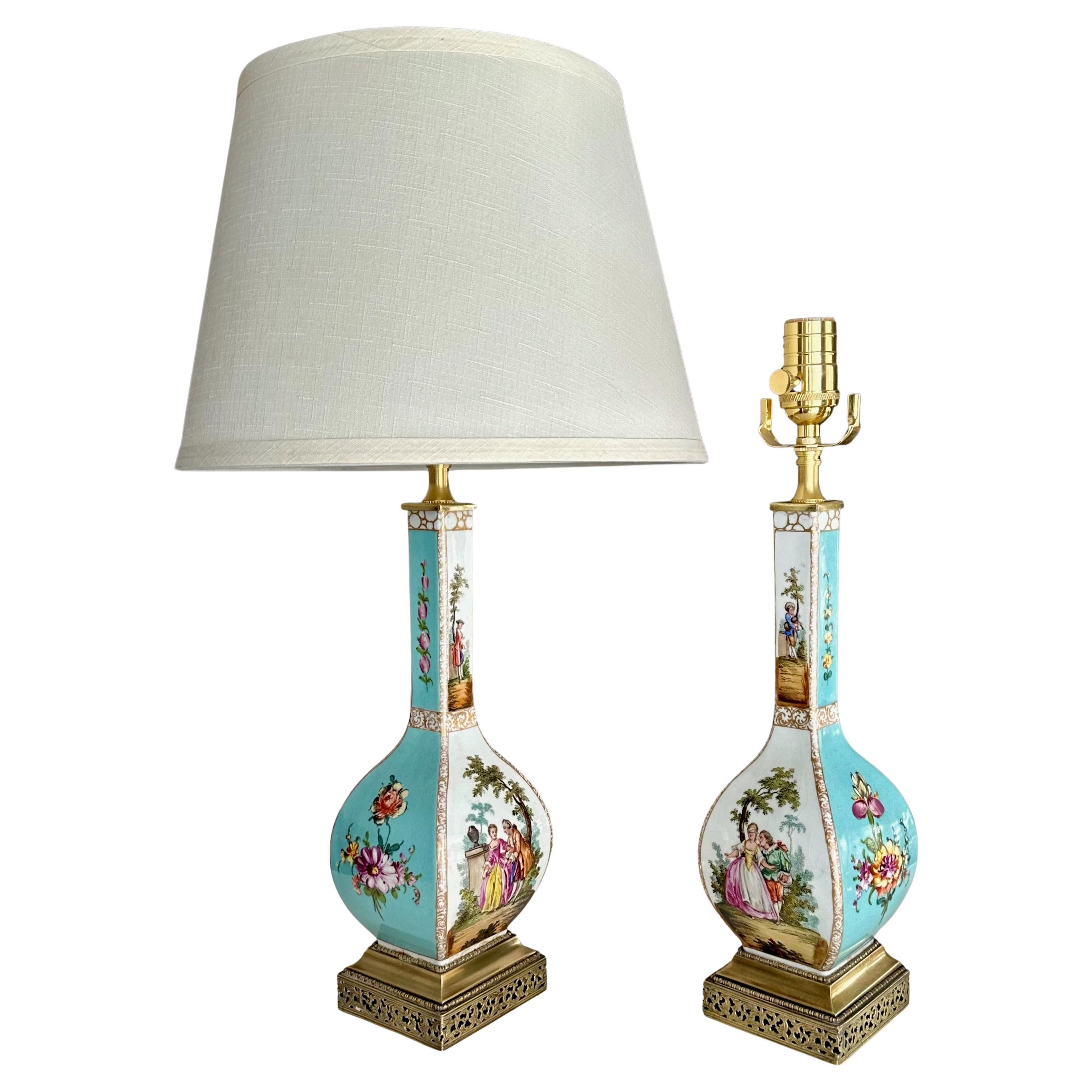 Pair 19th Century Helena Wolfsohn Dresden Porcelain Lamps