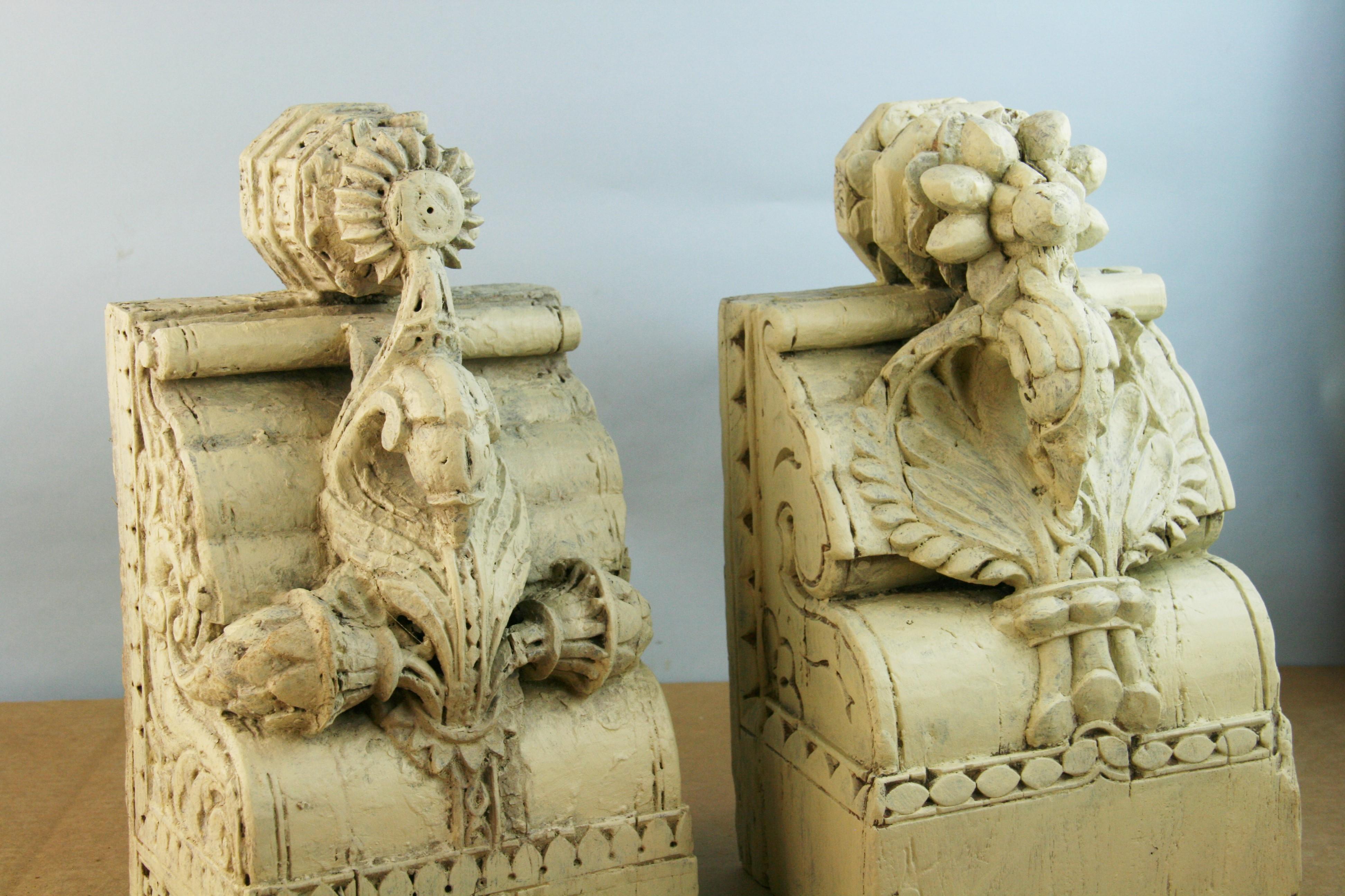 Hand-Carved Pair 19th Century Indian Temple Carved Wood Architectural Fragments/Bookends