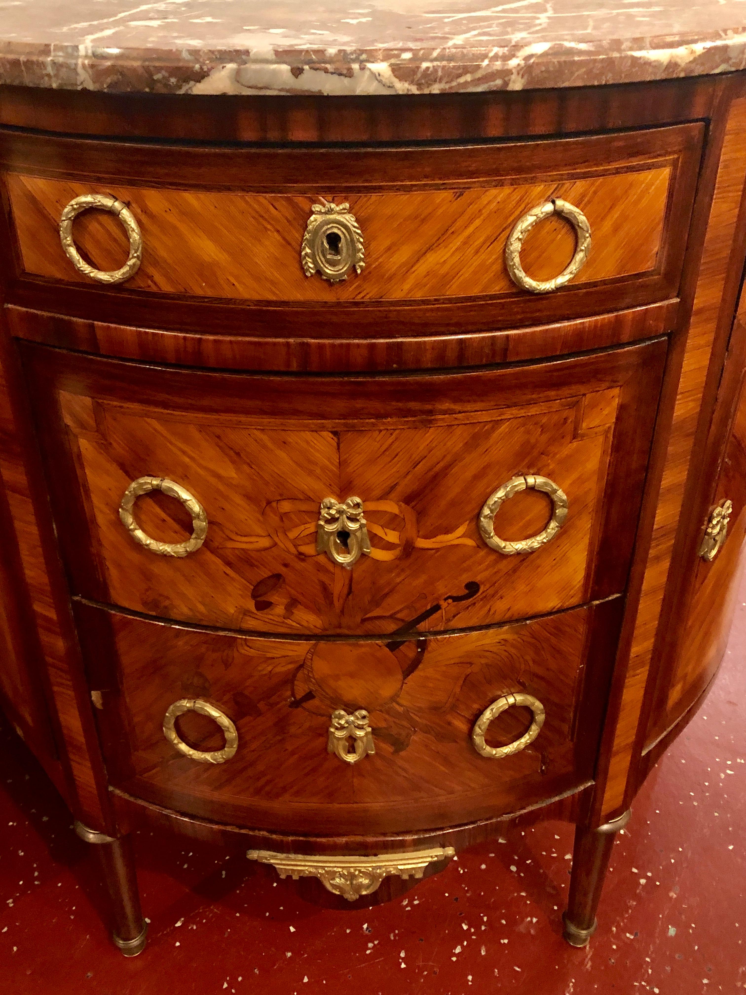 Louis XVI Pair of 19th Century Inlaid French Demilune Commodes or Nightstands