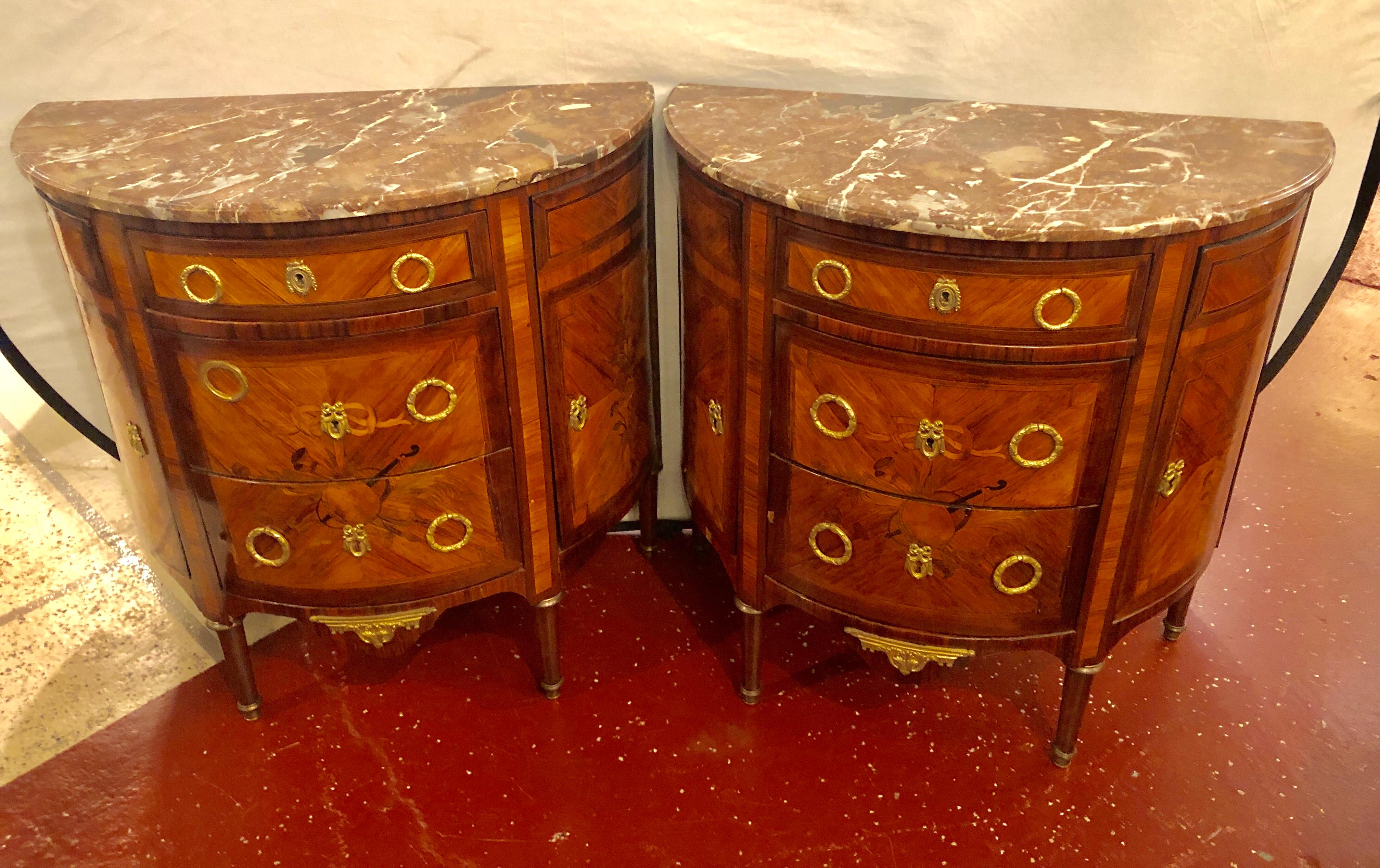 Pair of 19th Century Inlaid French Demilune Commodes or Nightstands 1