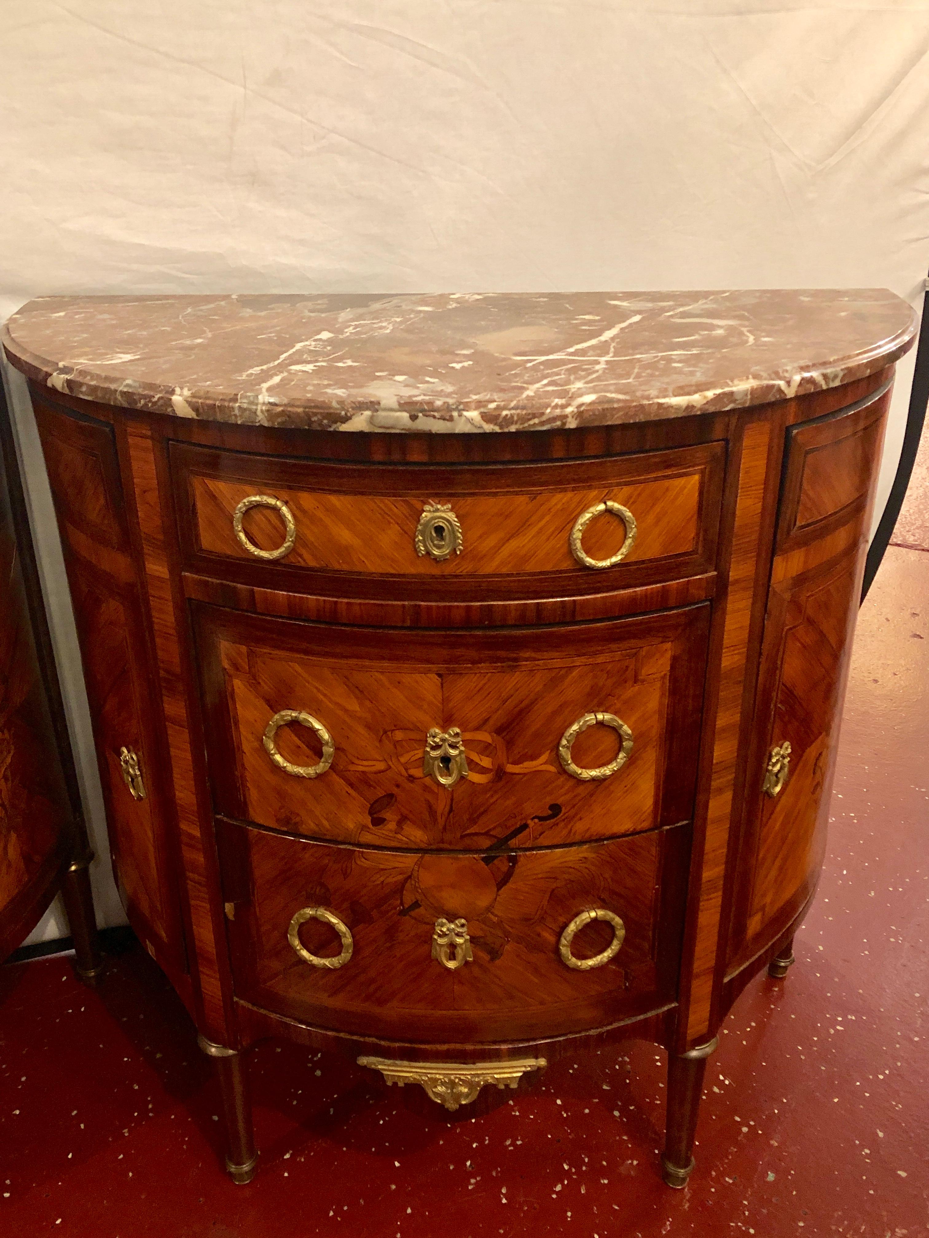 Pair of 19th Century Inlaid French Demilune Commodes or Nightstands 2