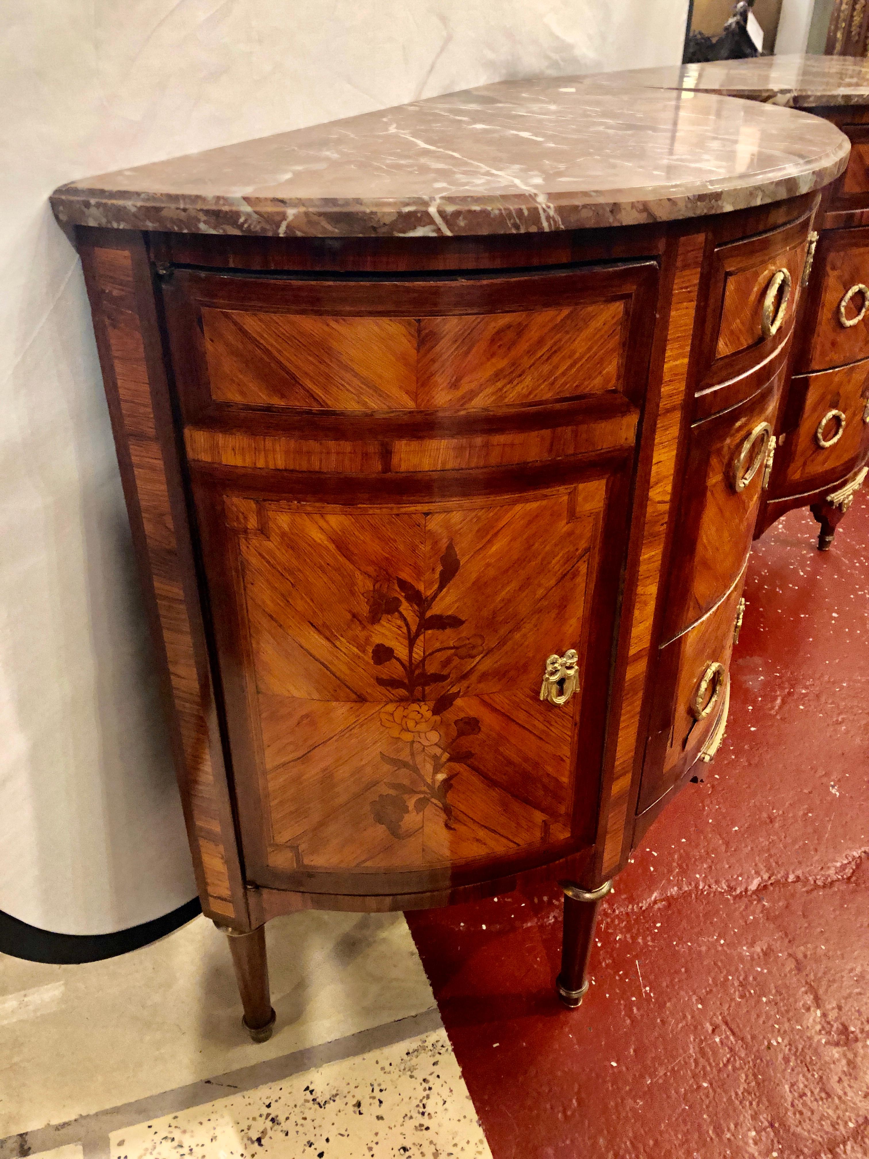 Pair of 19th Century Inlaid French Demilune Commodes or Nightstands 3