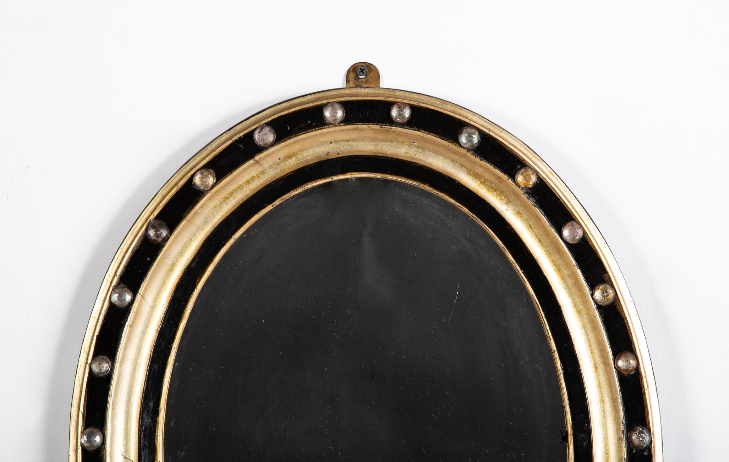 Cut Glass Pair 19th Century Irish Gilt and Ebonized Oval Mirrors With Faceted Crystals For Sale
