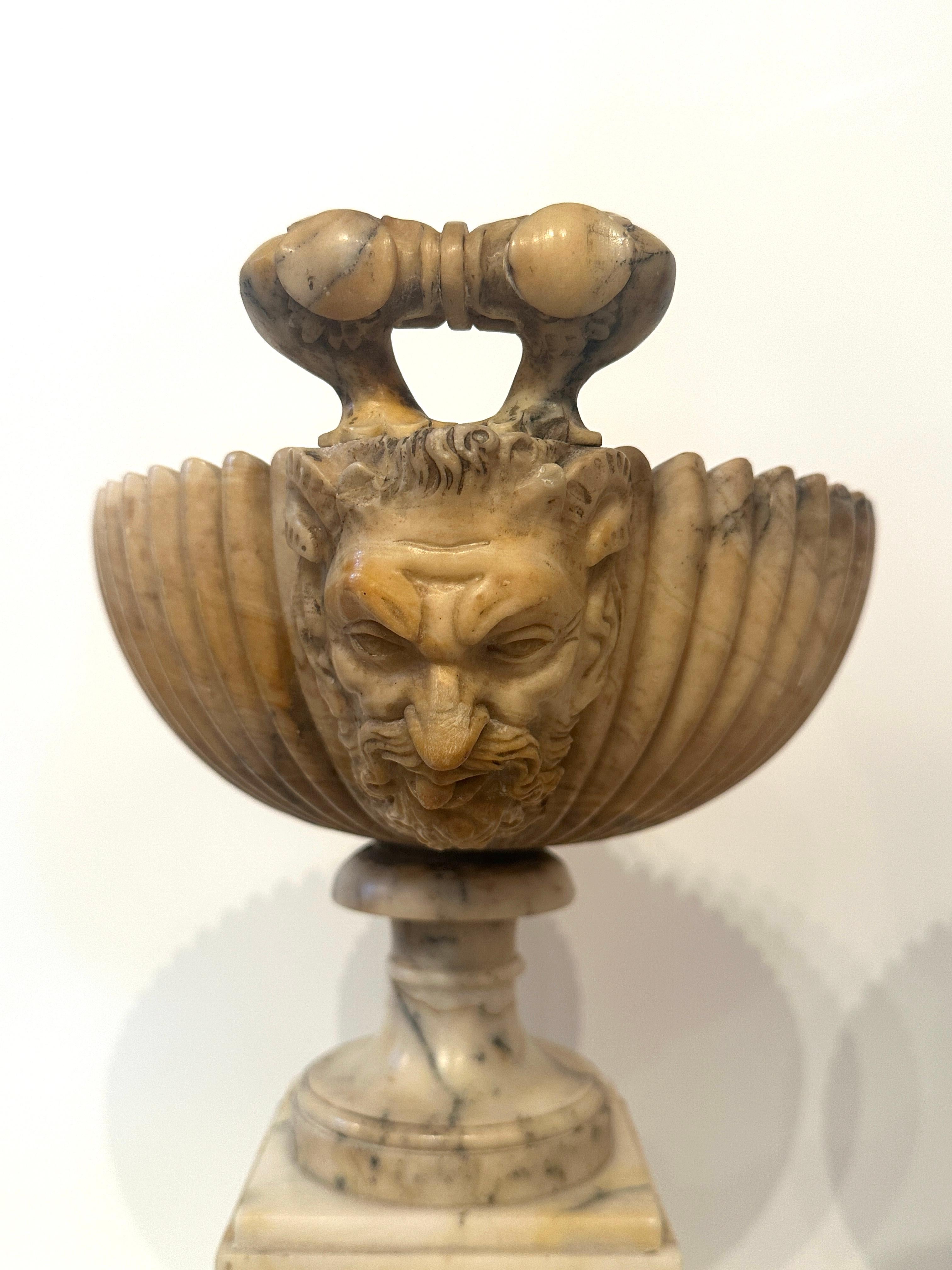 Pair 19th Century Italian Alabaster Coupes on Pedestals with Figural Handles For Sale 5
