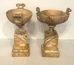 Pair 19th Century Italian Alabaster Coupes on Pedestals with Figural Handles