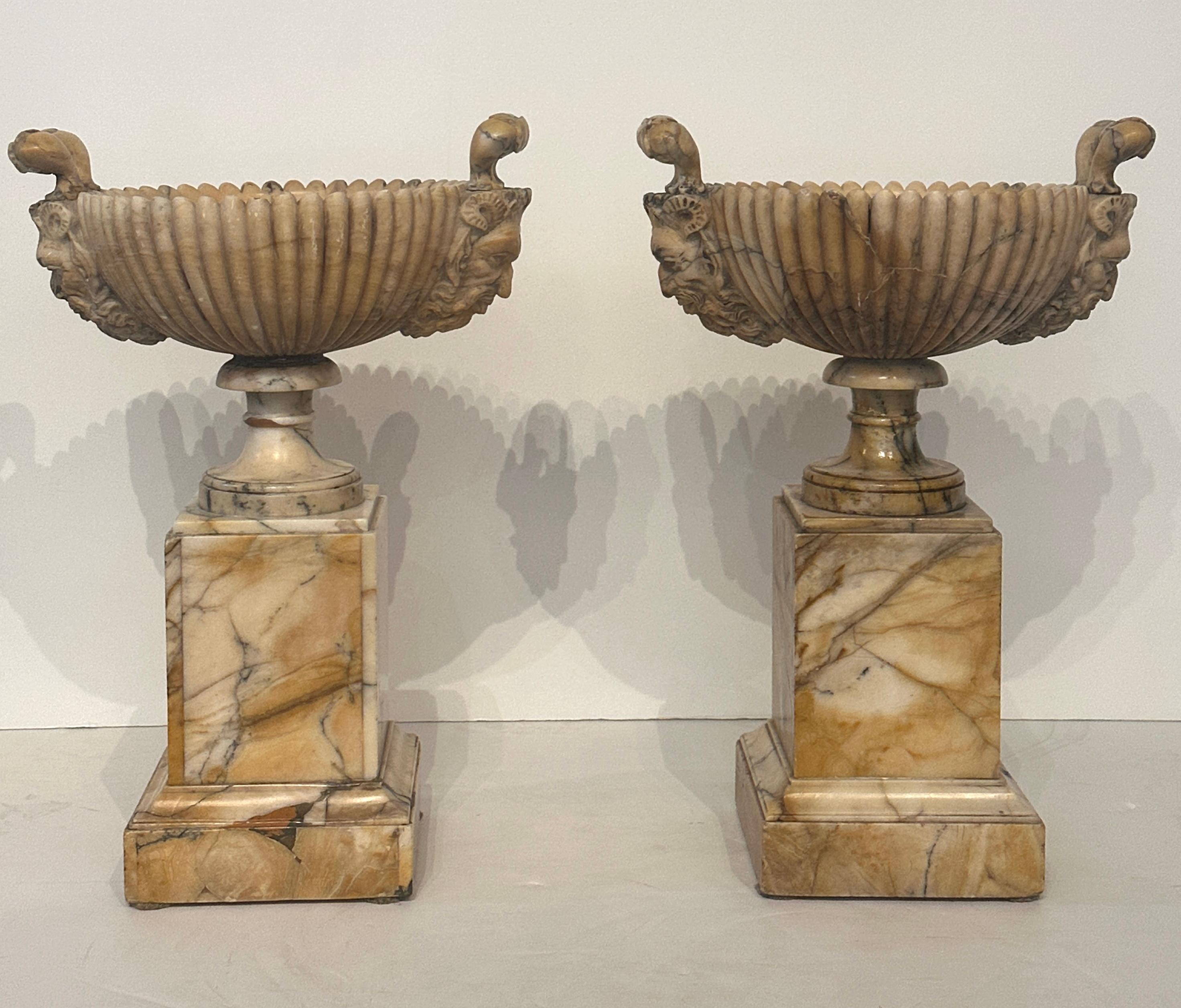 Hand-Carved Pair 19th Century Italian Alabaster Coupes on Pedestals with Figural Handles For Sale