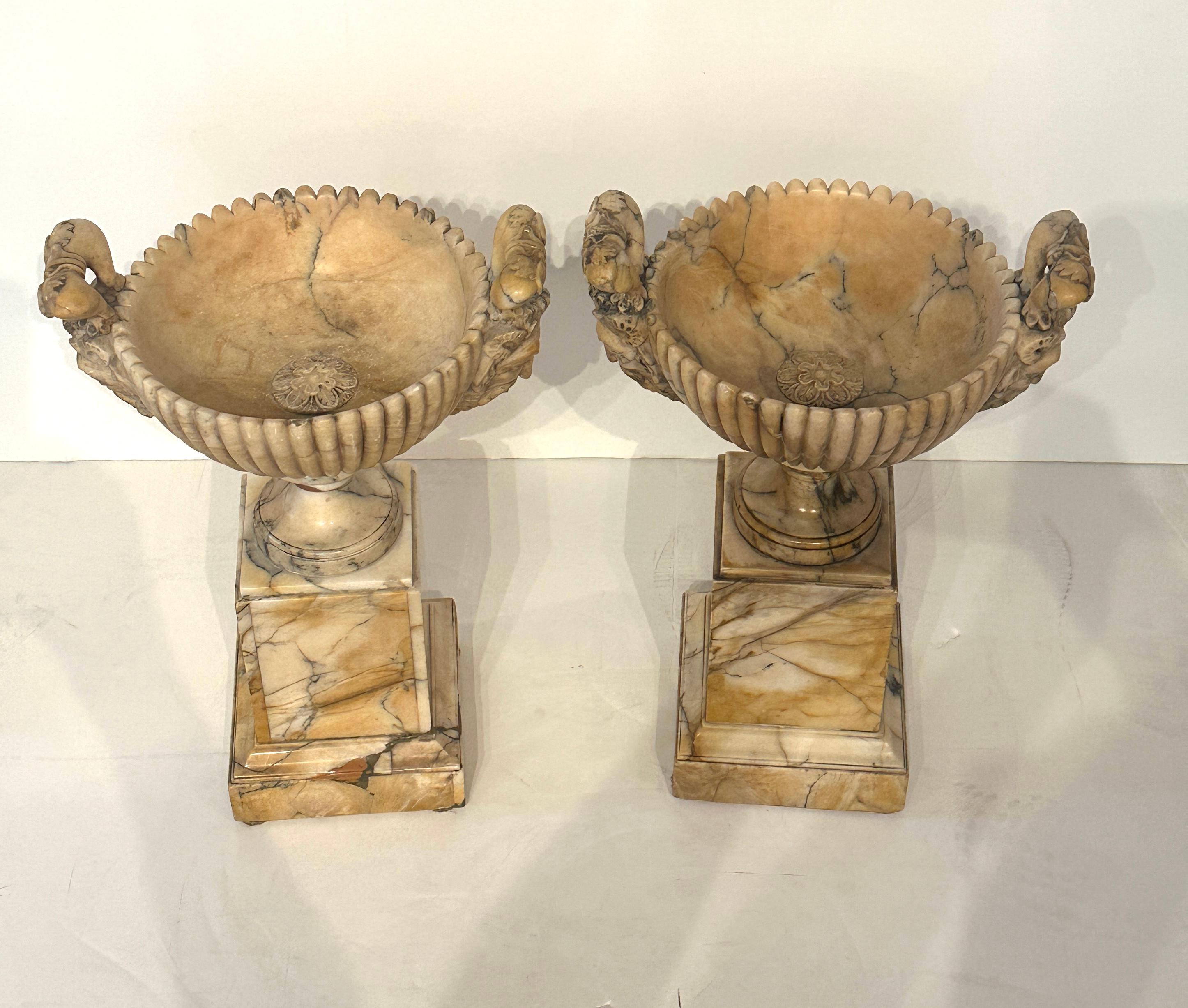 Pair 19th Century Italian Alabaster Coupes on Pedestals with Figural Handles In Good Condition For Sale In Los Angeles, CA