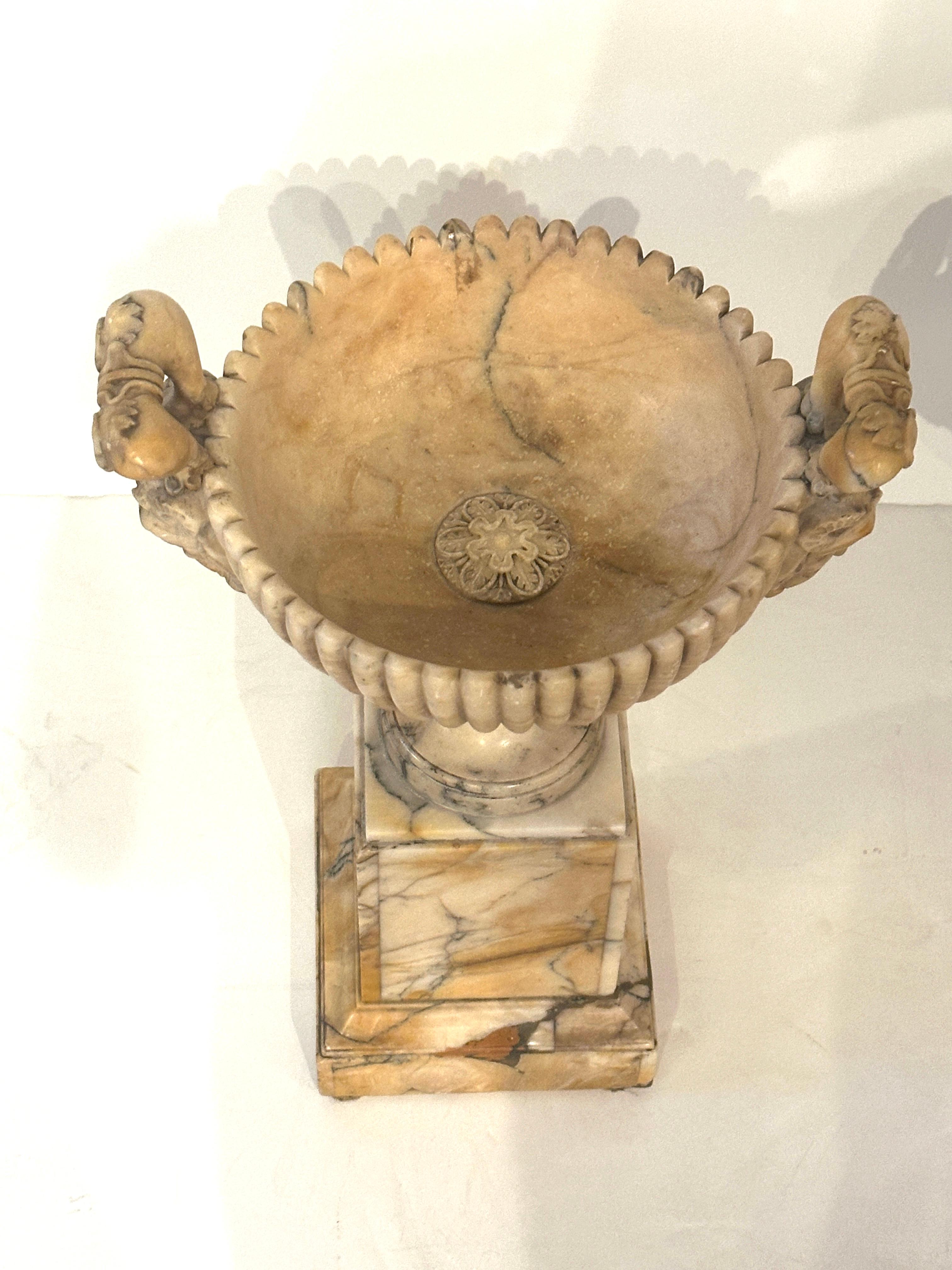 Early 19th Century Pair 19th Century Italian Alabaster Coupes on Pedestals with Figural Handles For Sale