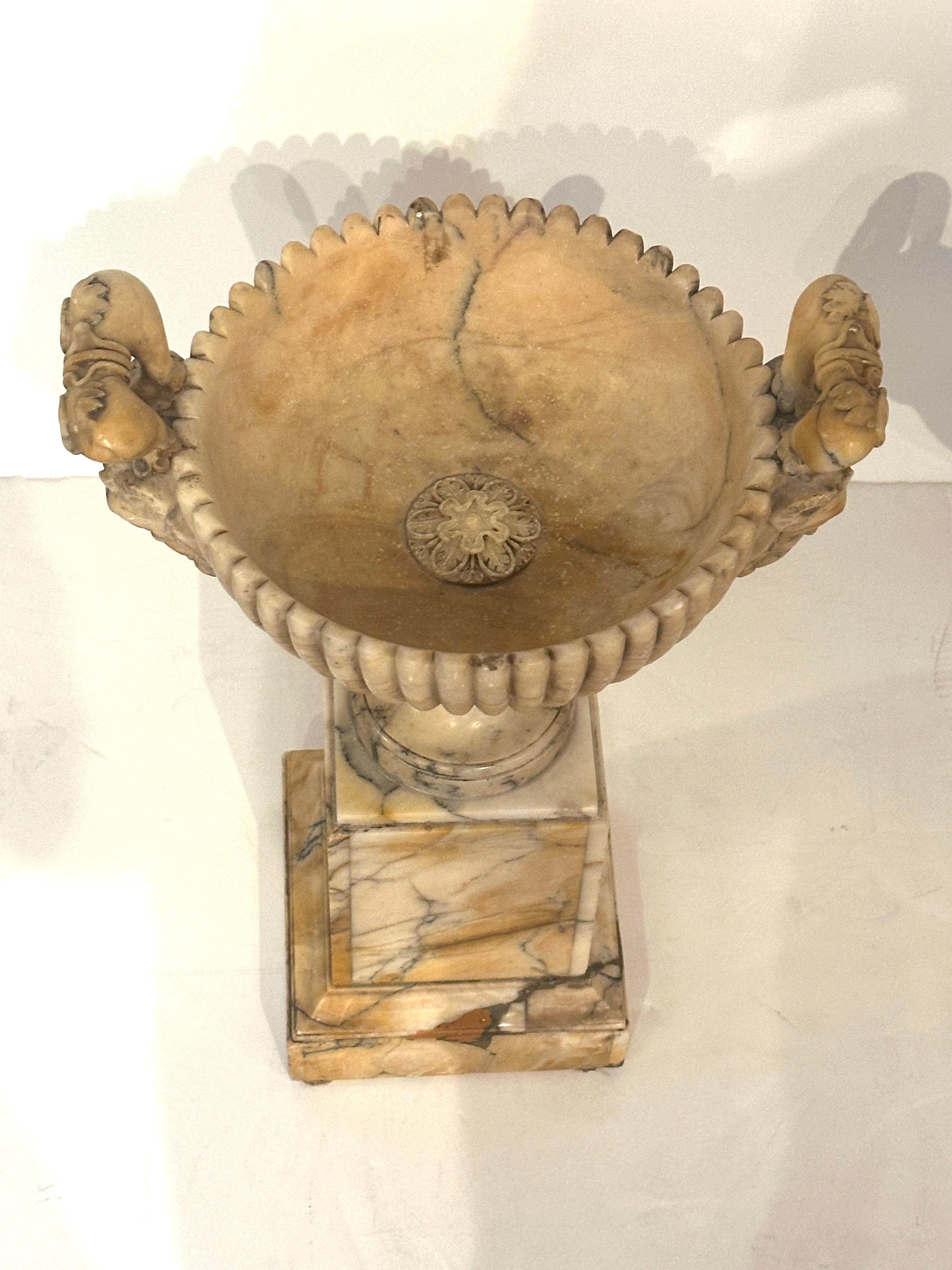 Pair 19th Century Italian Alabaster Coupes on Pedestals with Figural Handles For Sale 1