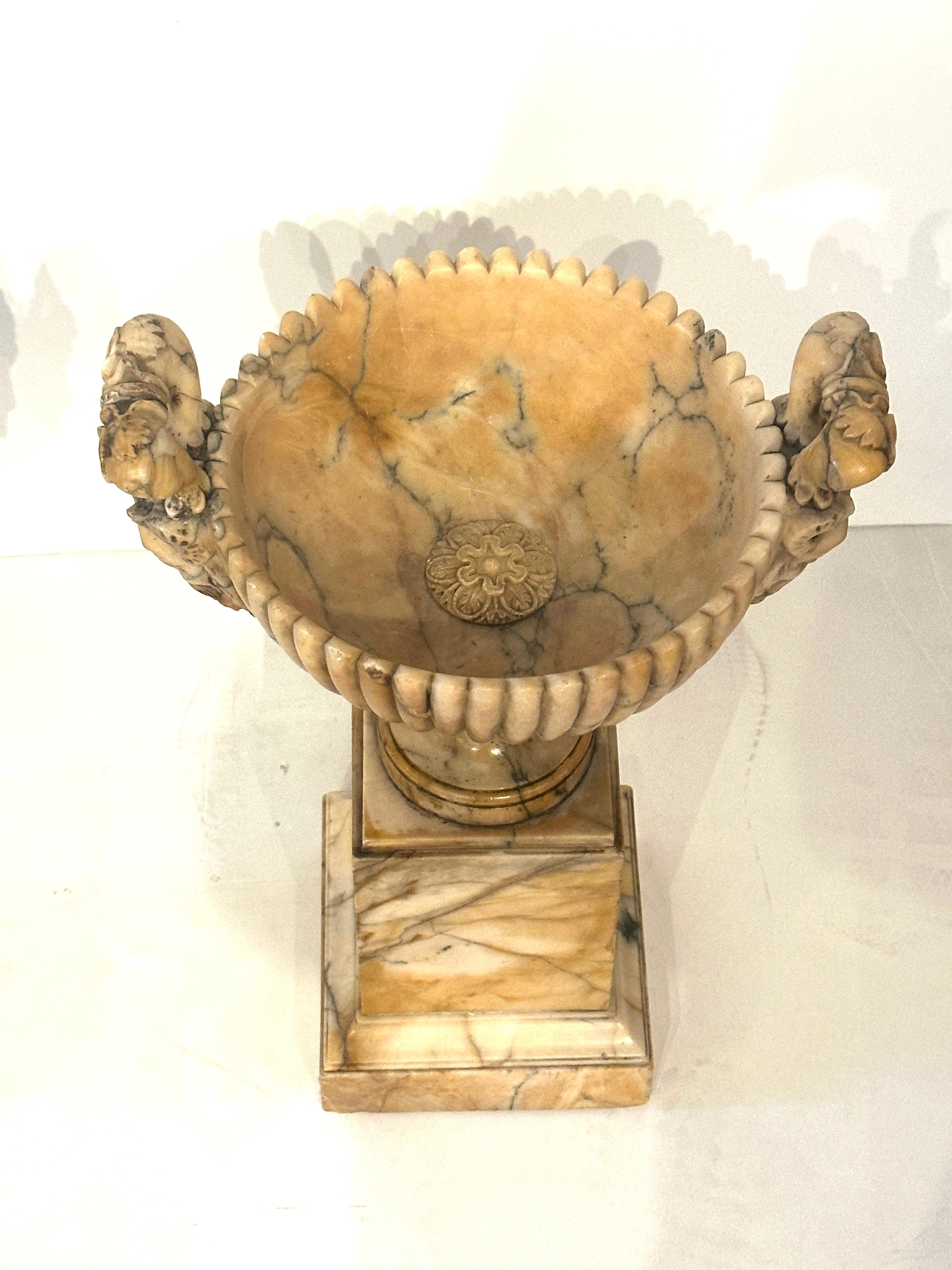 Pair 19th Century Italian Alabaster Coupes on Pedestals with Figural Handles For Sale 2