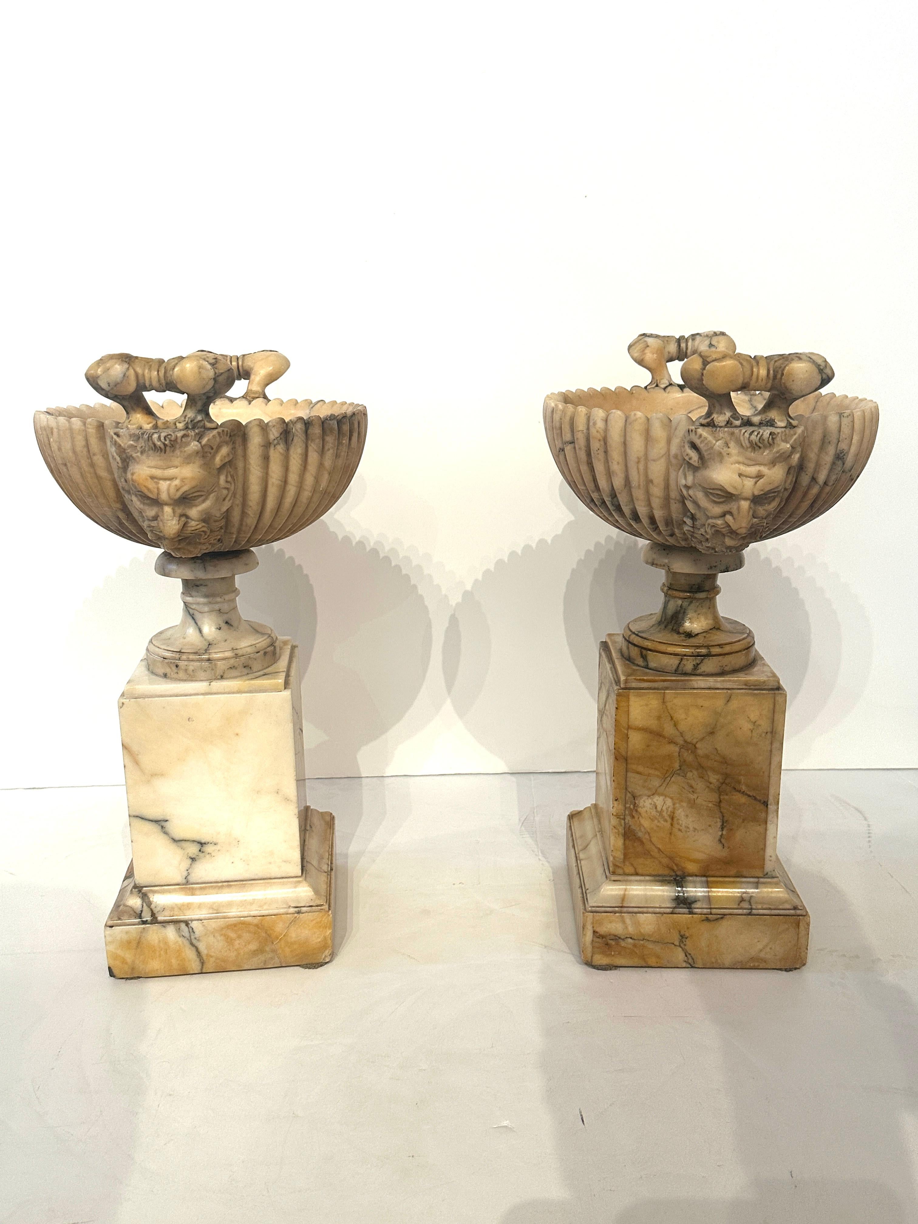 Pair 19th Century Italian Alabaster Coupes on Pedestals with Figural Handles For Sale 3