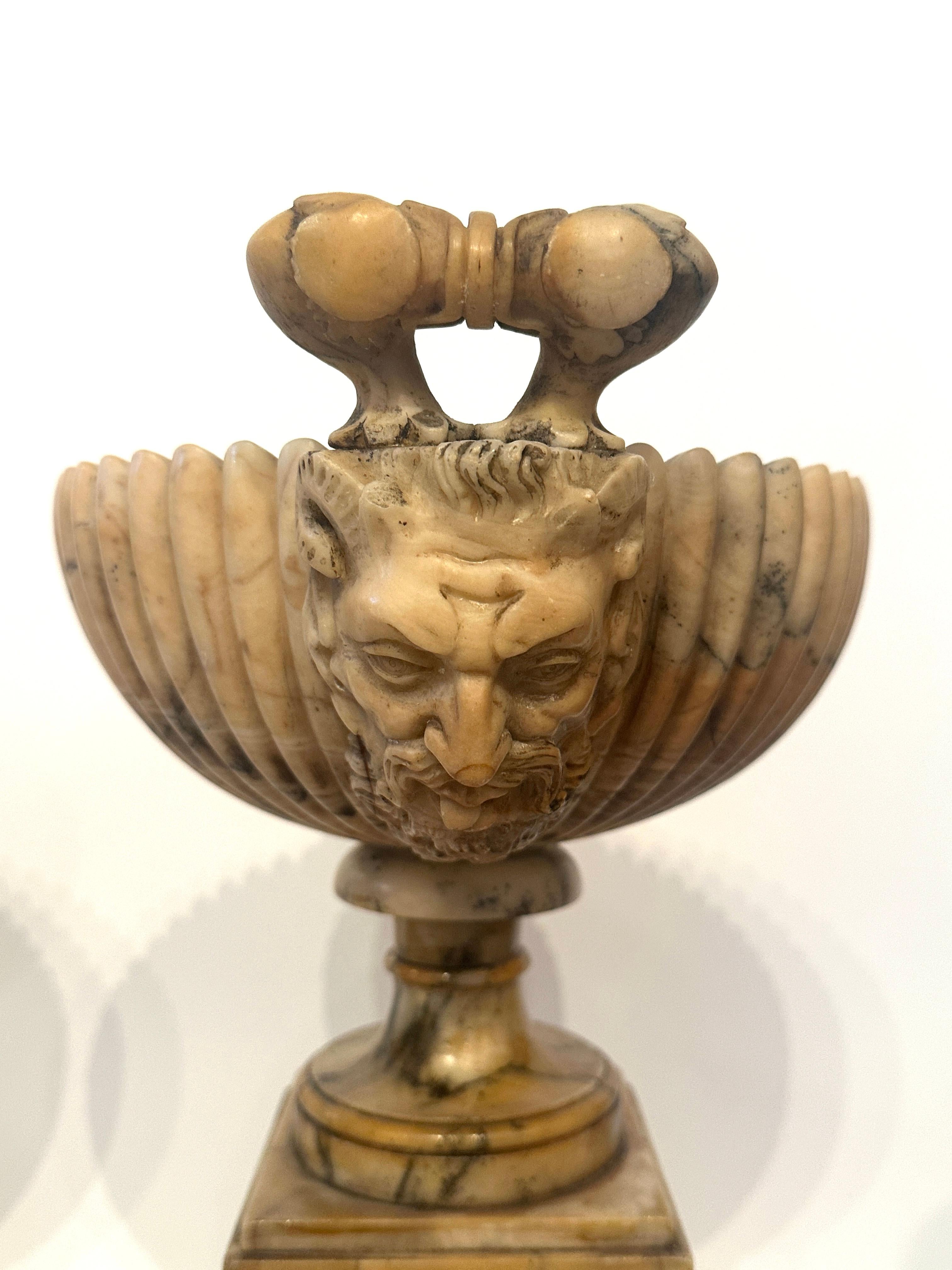Pair 19th Century Italian Alabaster Coupes on Pedestals with Figural Handles For Sale 4