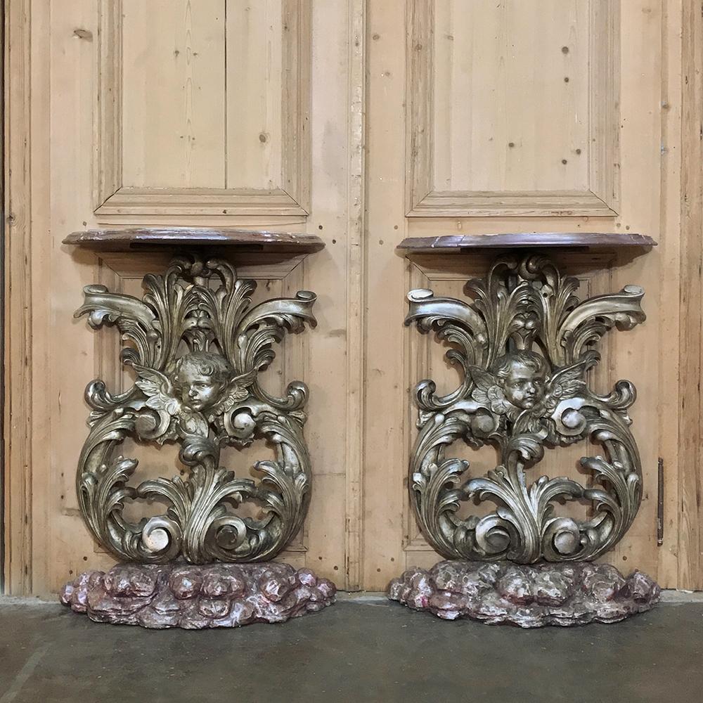 Hand-Carved Pair of 19th Century Italian Baroque Giltwood Consoles