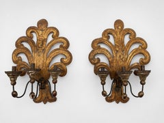 Pair 19th Century, Italian Baroque Revival Gilt Wood & Tole Three-Arm Sconces