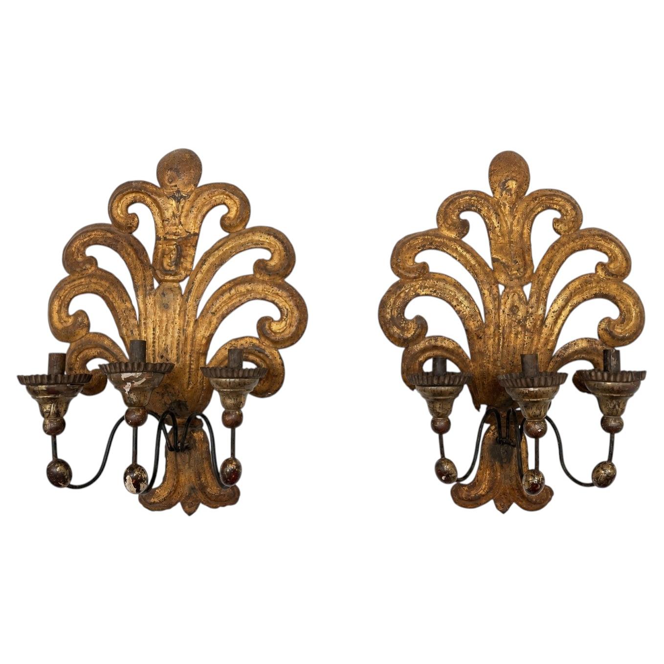 Pair 19th Century, Italian Baroque Revival Gilt Wood & Tole Three-Arm Sconces