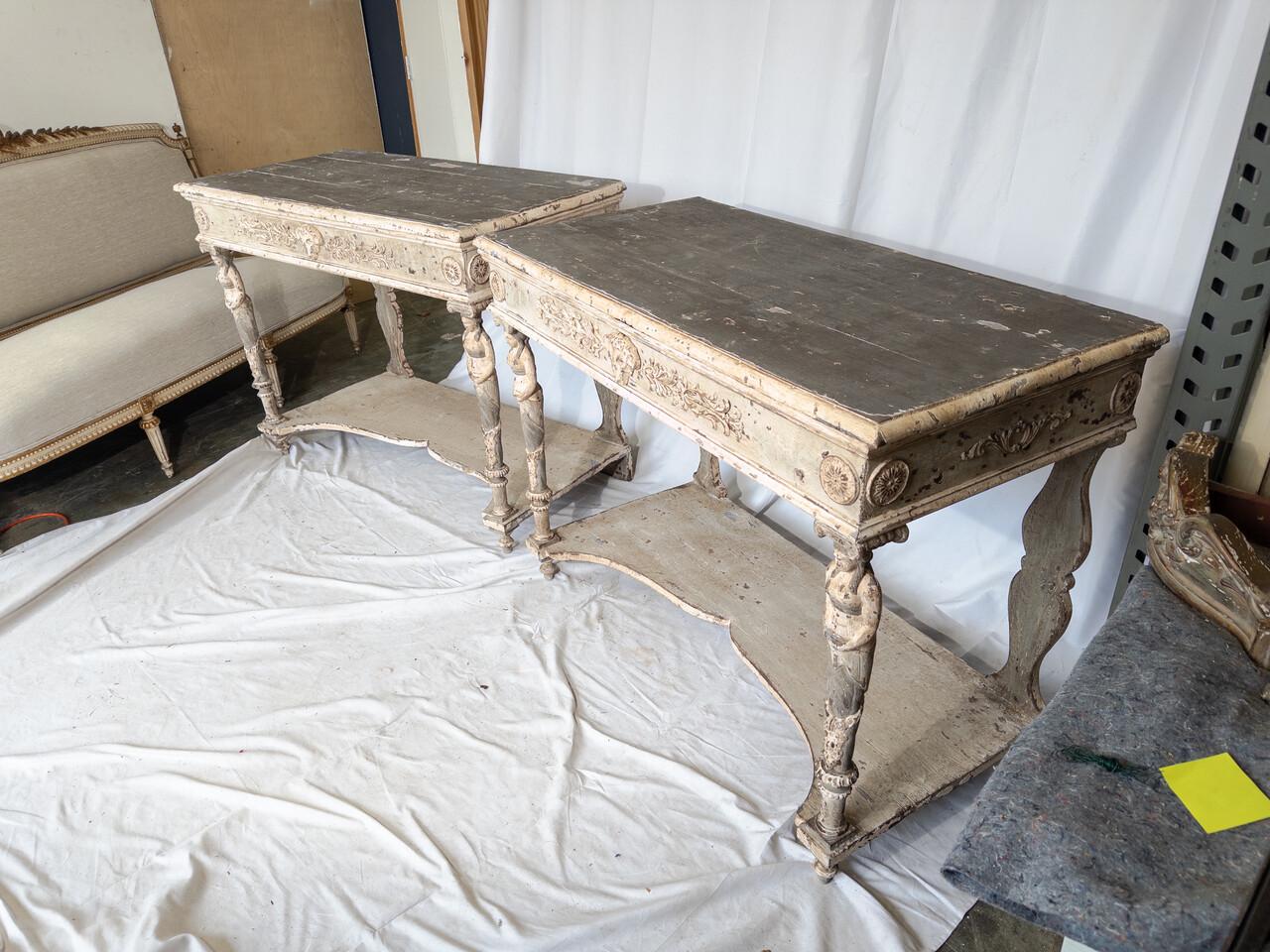 Pair 19th Century Italian Baroque Style Wood Carved Console Tables In Good Condition For Sale In Houston, TX