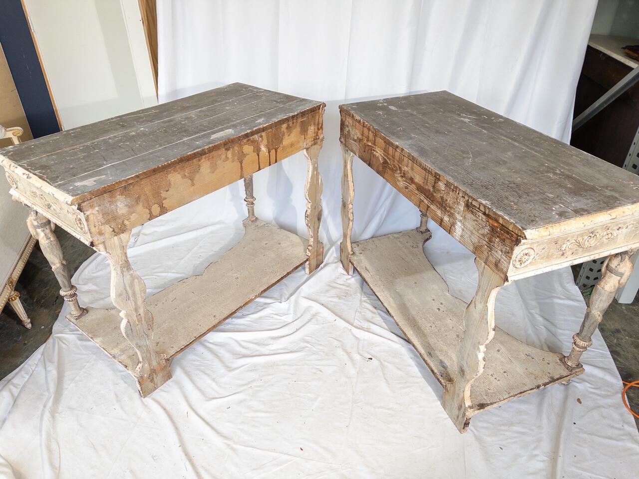 Pair 19th Century Italian Baroque Style Wood Carved Console Tables For Sale 3