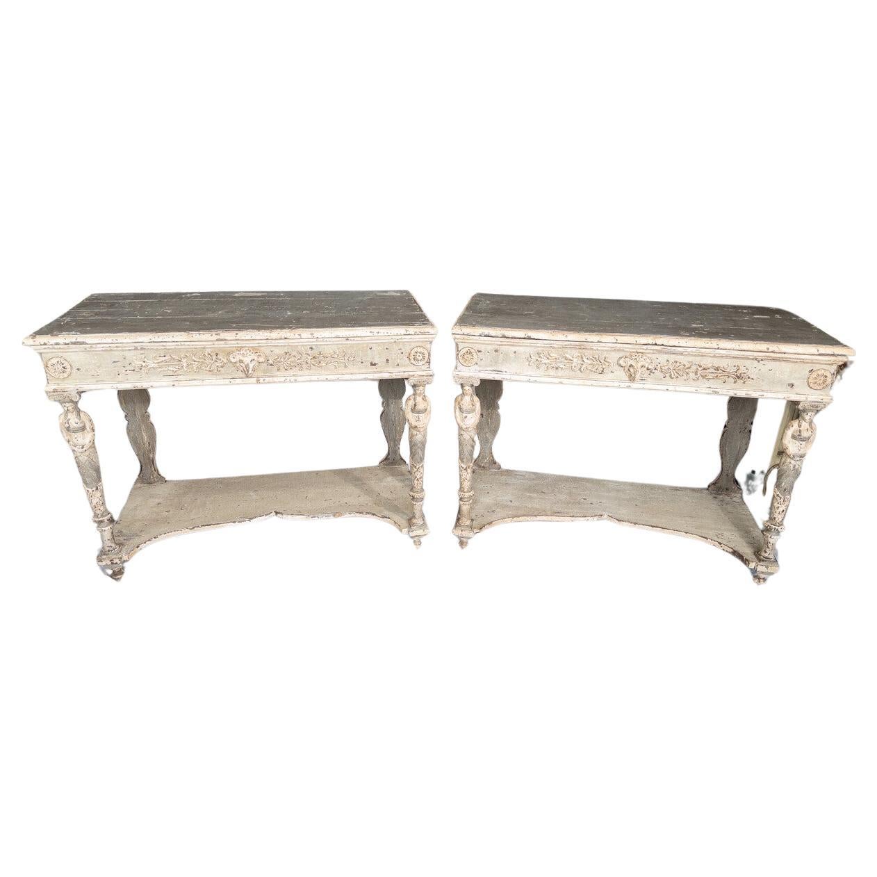 Pair 19th Century Italian Baroque Style Wood Carved Console Tables For Sale