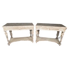 Antique Pair 19th Century Italian Baroque Style Wood Carved Console Tables