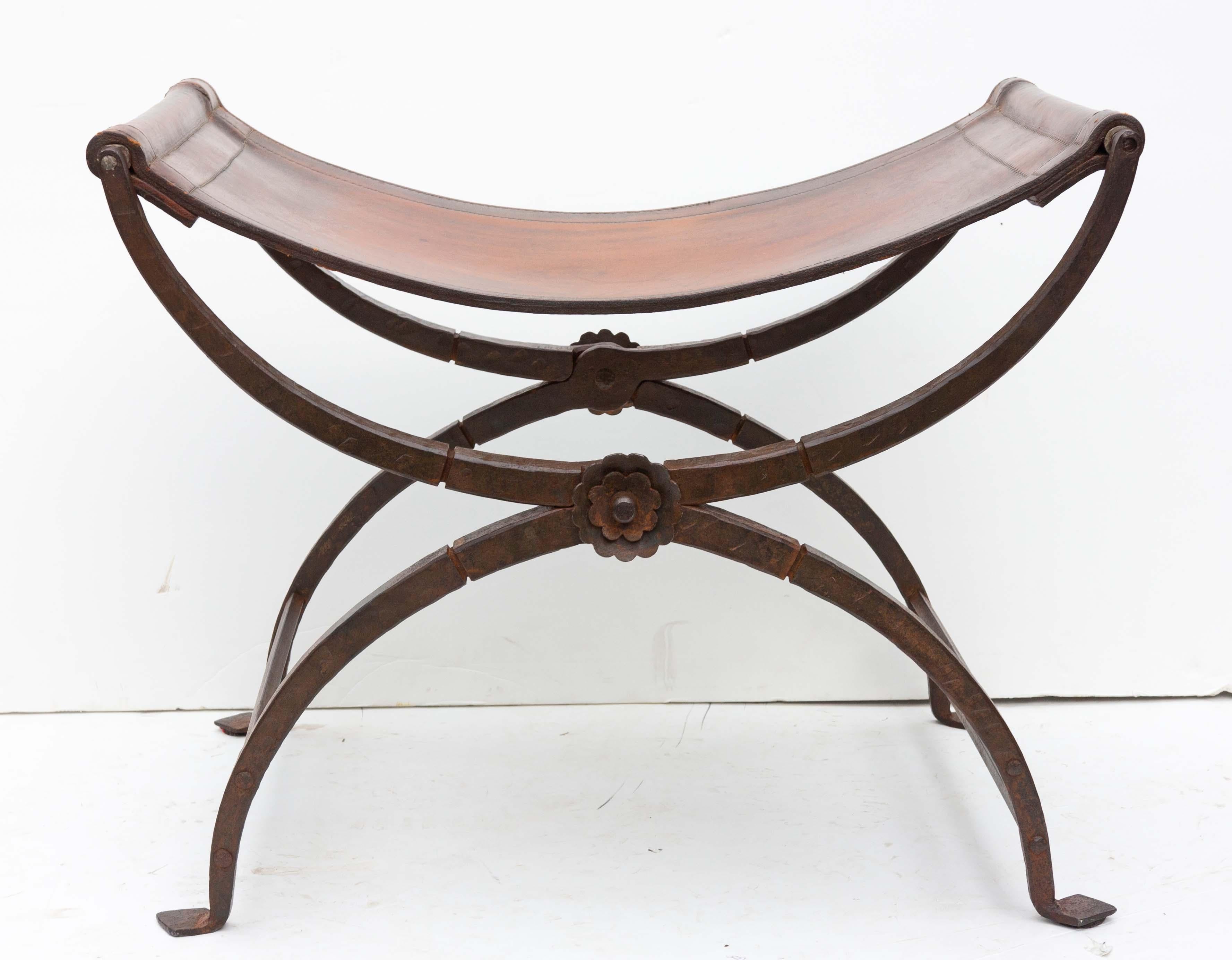 Forged Pair 19th Century Italian Leather and Wrought Iron Curule Stools