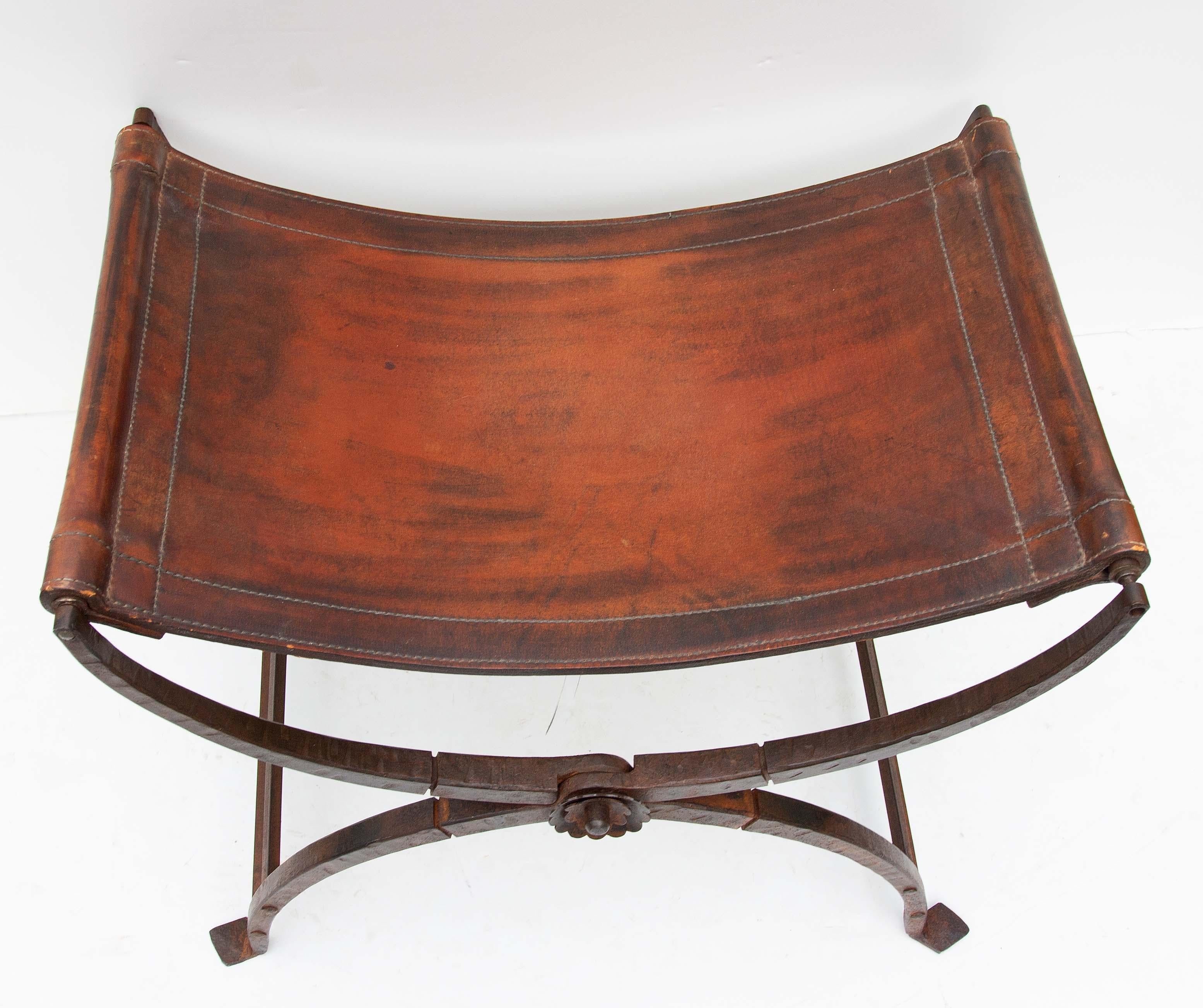 Pair 19th Century Italian Leather and Wrought Iron Curule Stools In Good Condition In Rochester, NY