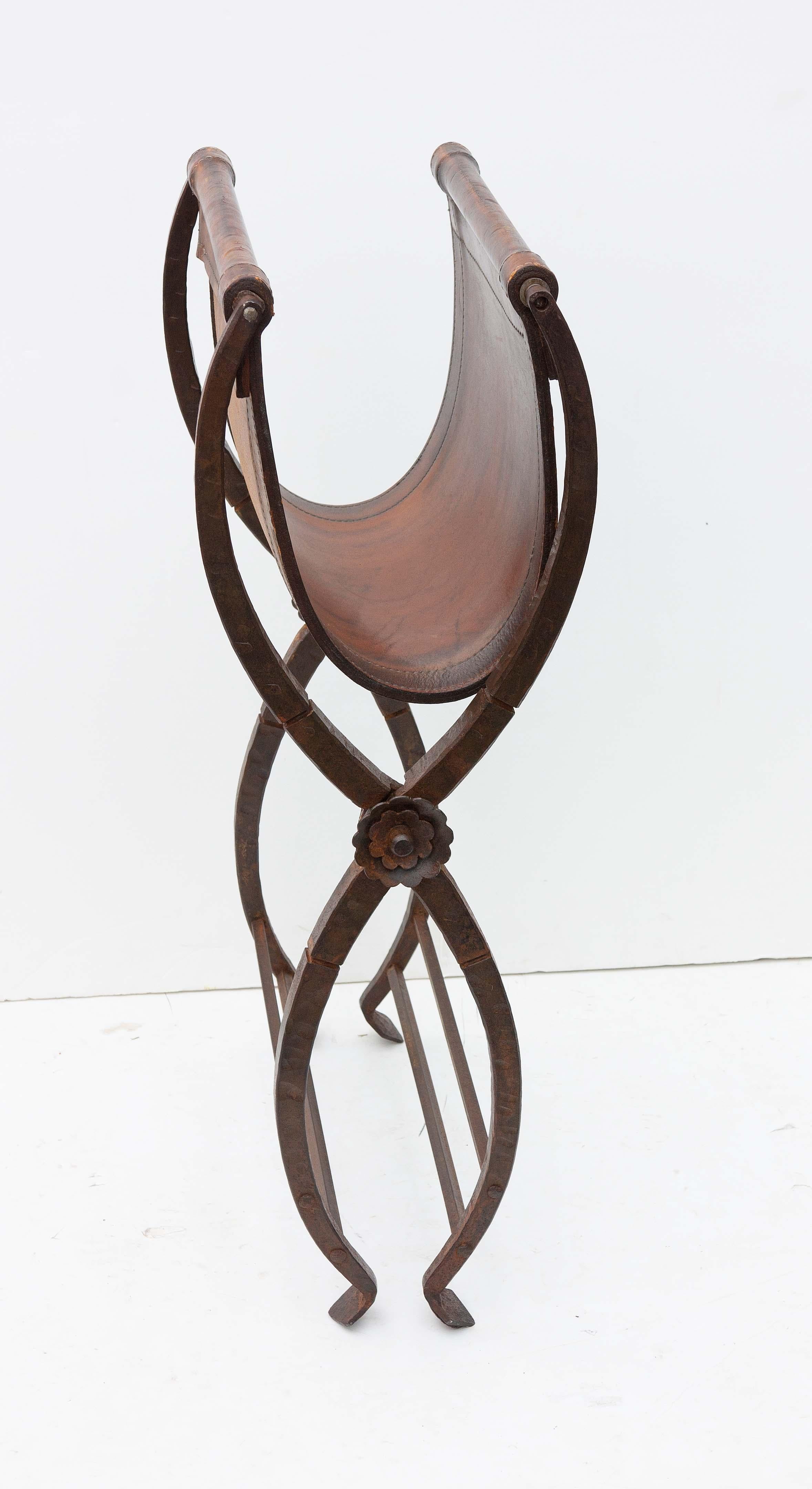 Pair 19th Century Italian Leather and Wrought Iron Curule Stools 3