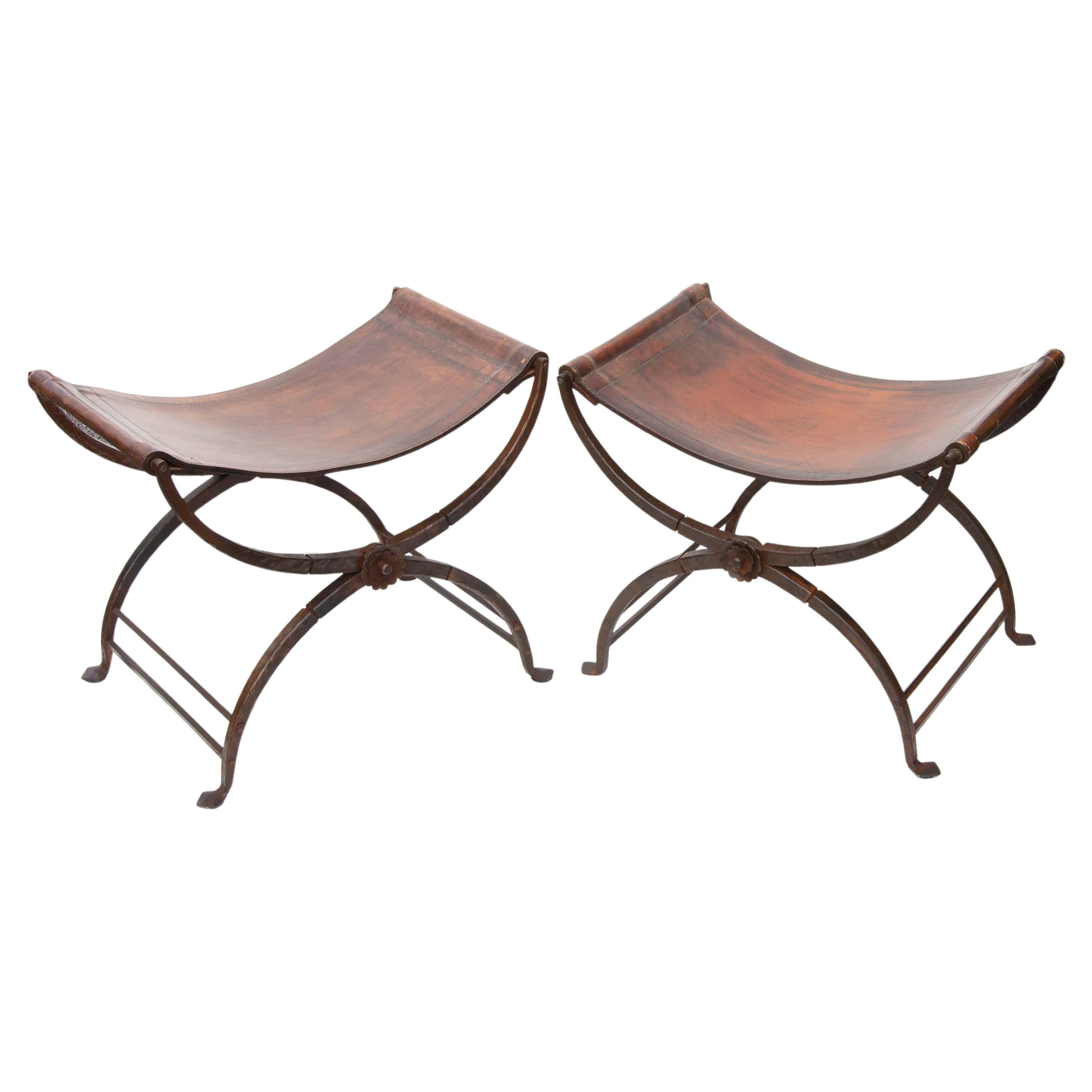 Pair 19th Century Italian Leather and Wrought Iron Curule Stools