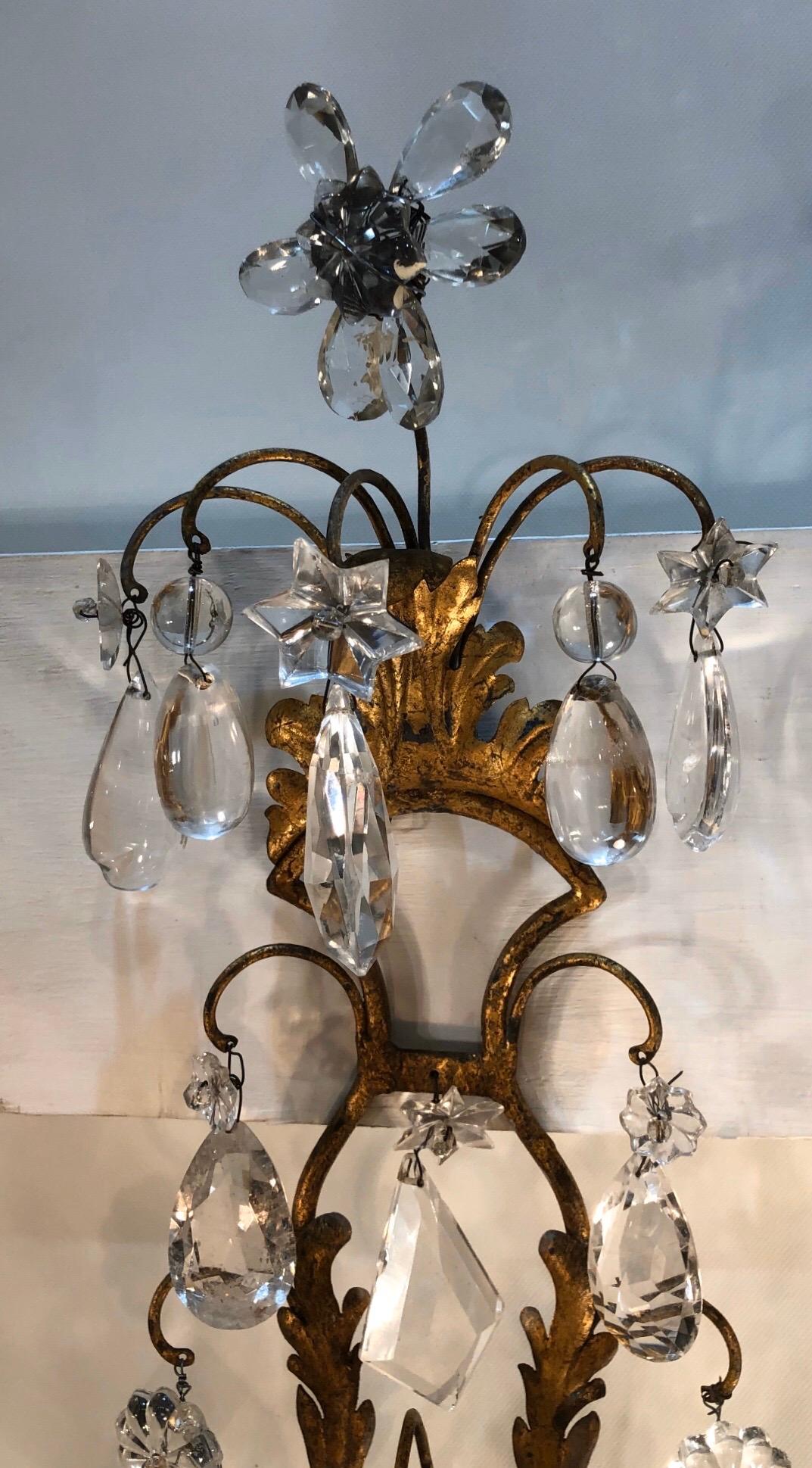 Pair of 19th Century Italian Gilt Tôle Rock Crystal Sconces In Good Condition For Sale In Charleston, SC