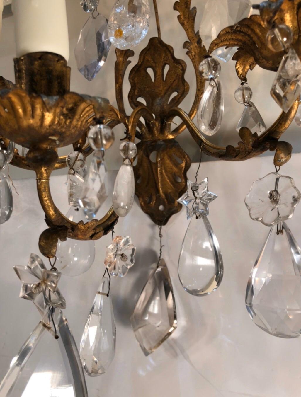 Pair of 19th Century Italian Gilt Tôle Rock Crystal Sconces For Sale 3