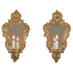 Antique Pair 19th century Italian Giltwood Wall Candleholders / Sconces With Mirrors